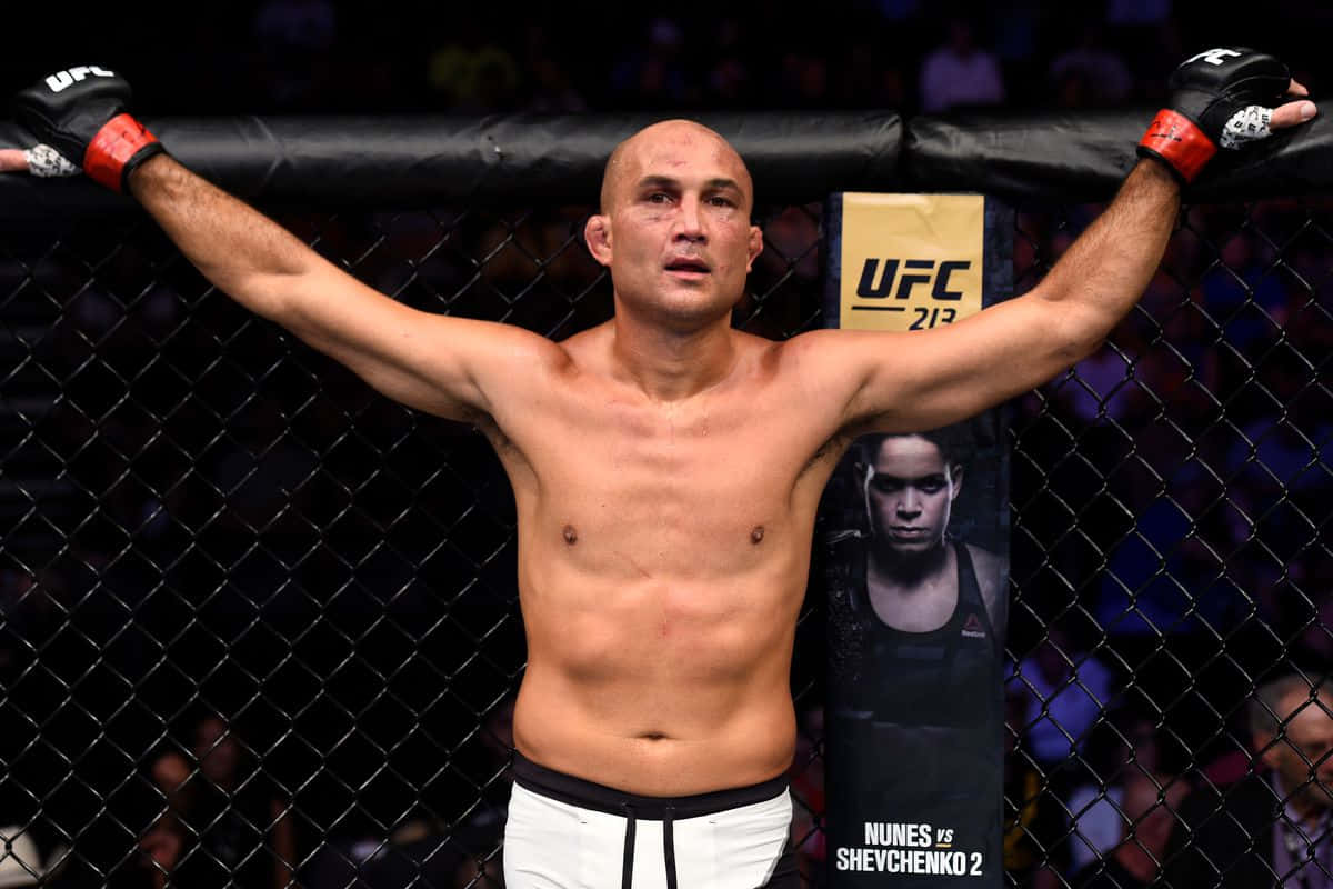 Victory 桌布 壁紙 — 一位勝利的UFC拳手在明亮的場館燈光下，在八角籠內高舉雙臂慶祝。