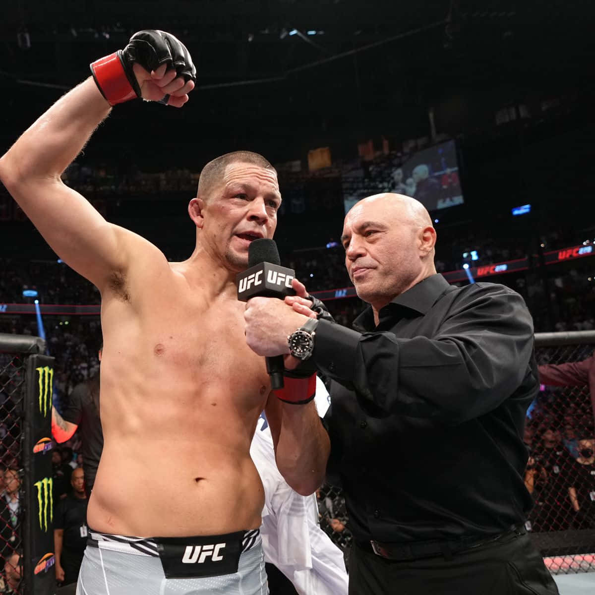 UFC 桌布 壁紙 — 一位勝利的UFC拳手在明亮的場館燈光下，於八角籠內高舉拳頭慶祝勝利，裁判正在採訪他。