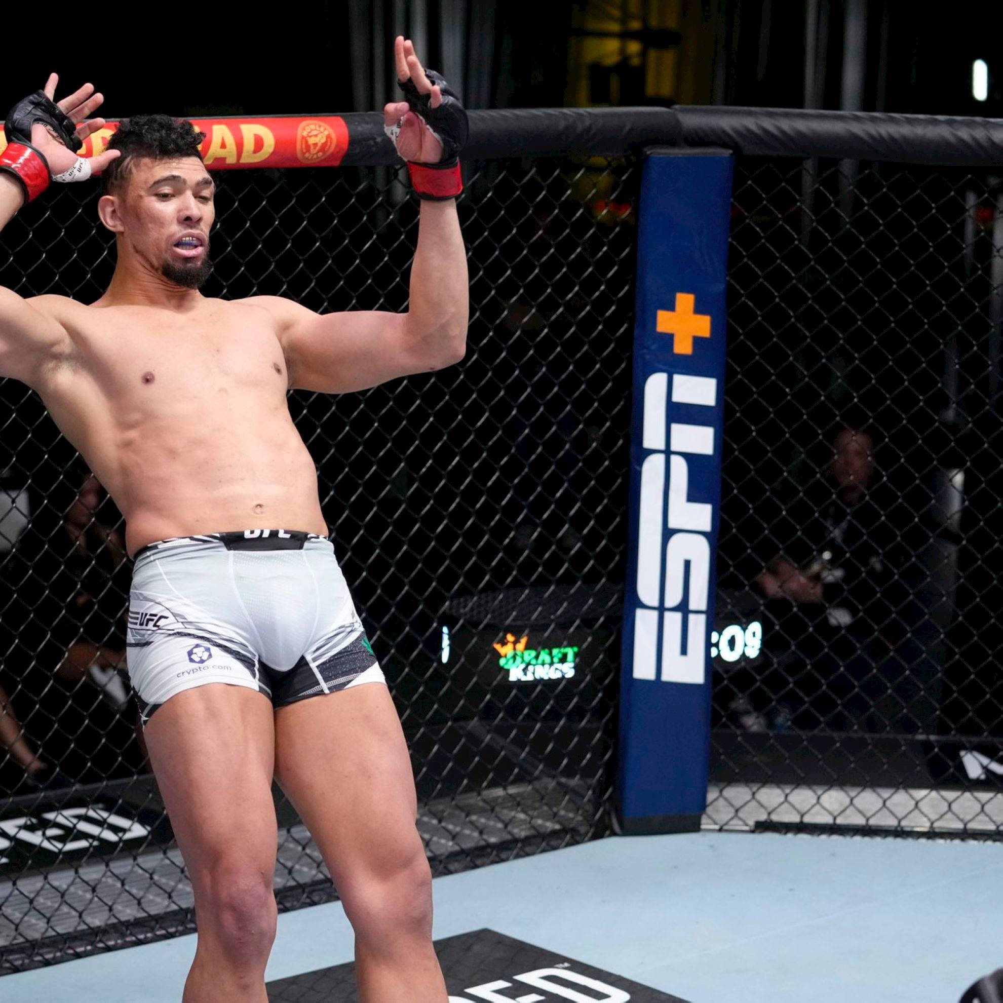MMA 桌布 壁紙 — 一位勝利的UFC拳手在明亮的場館燈光下於八角籠內高舉雙臂慶祝。