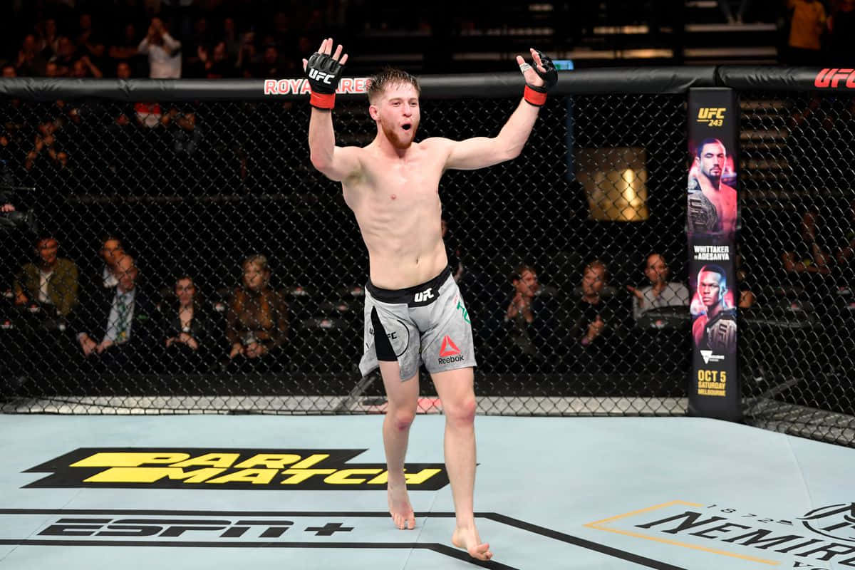 MMA 桌布 壁紙 — 一位勝利的UFC拳手在明亮的場館燈光下，於八角籠內高舉雙臂慶祝。