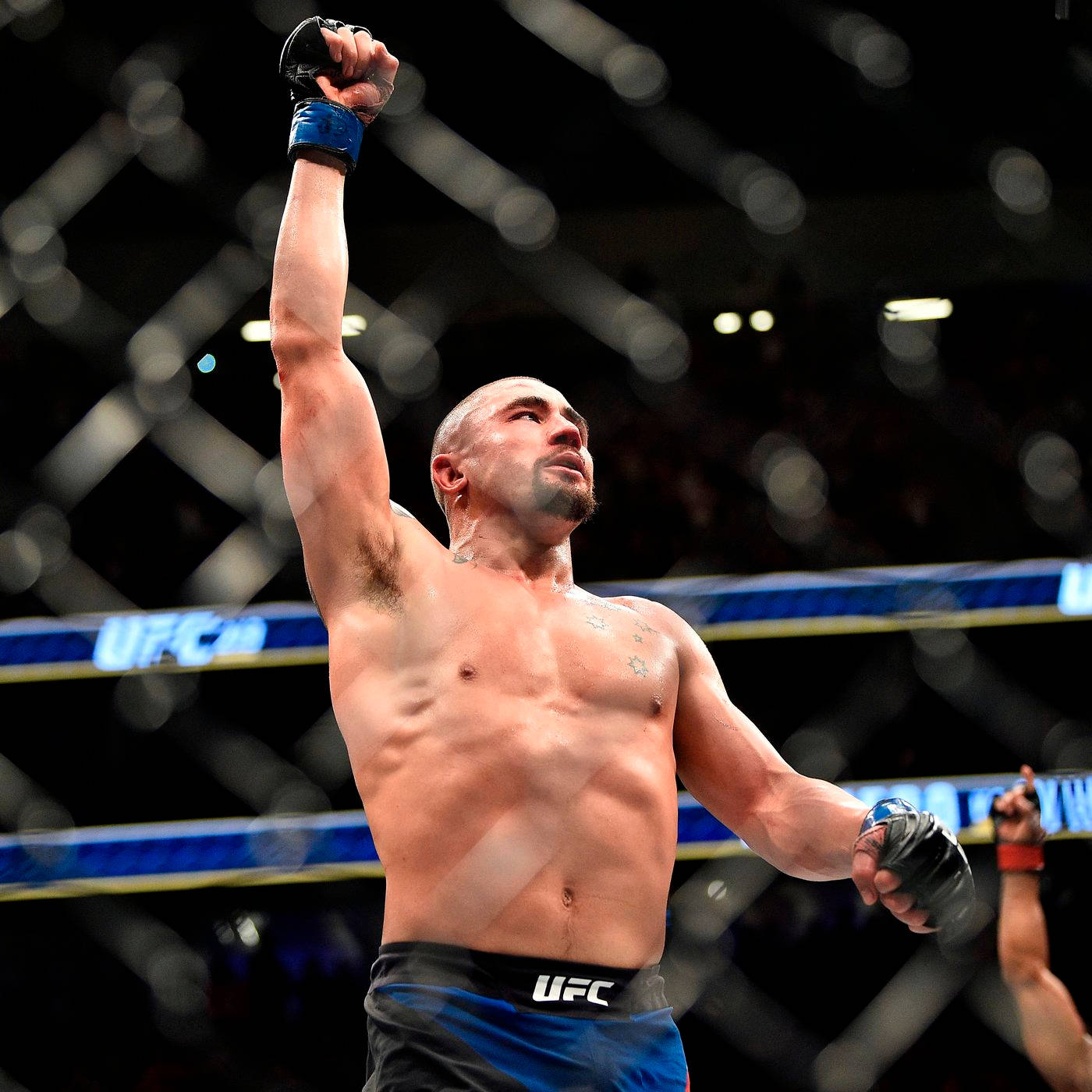 Victory 桌布 壁紙 — 一位勝利的UFC拳手在明亮的場館燈光下，於八角籠內高舉拳頭慶祝勝利。