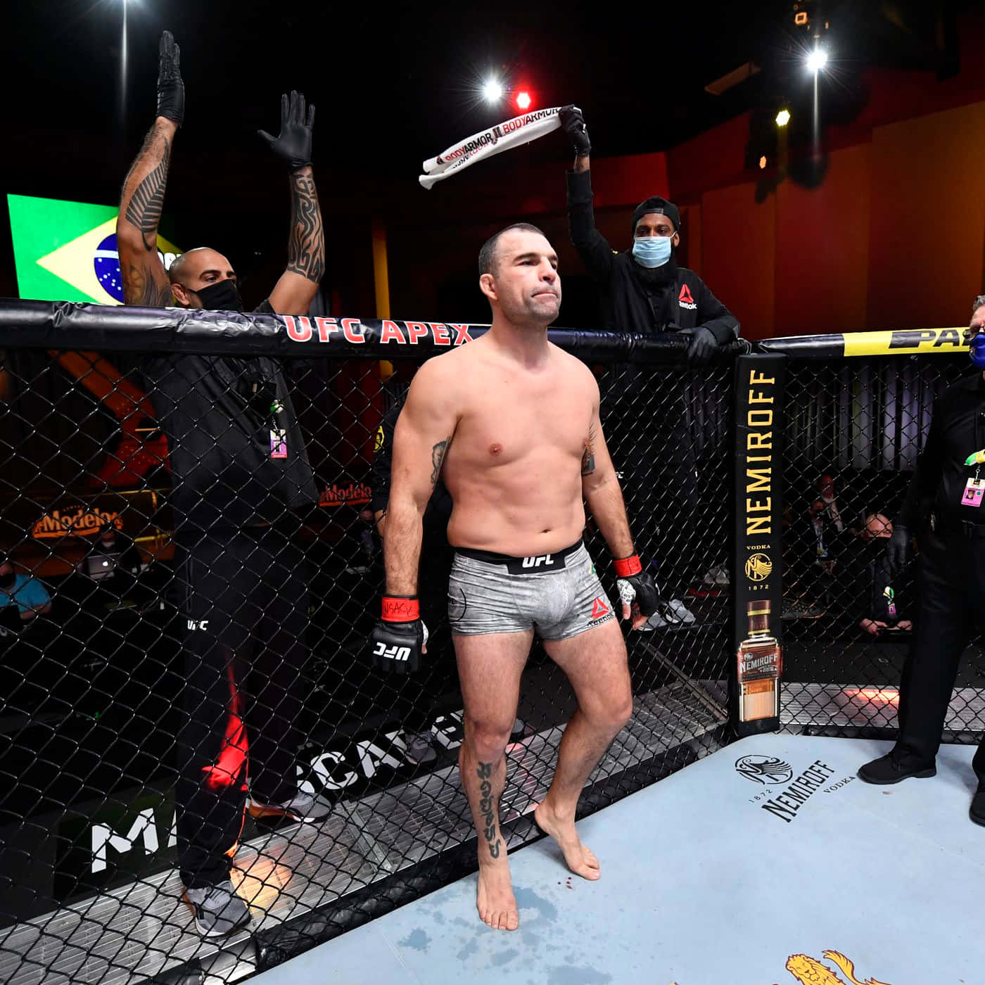 Champion 桌布 壁紙 — 一位勝利的UFC拳手赤腳站在八角籠中，工作人員舉起他的手臂，身後巴西國旗飄揚。