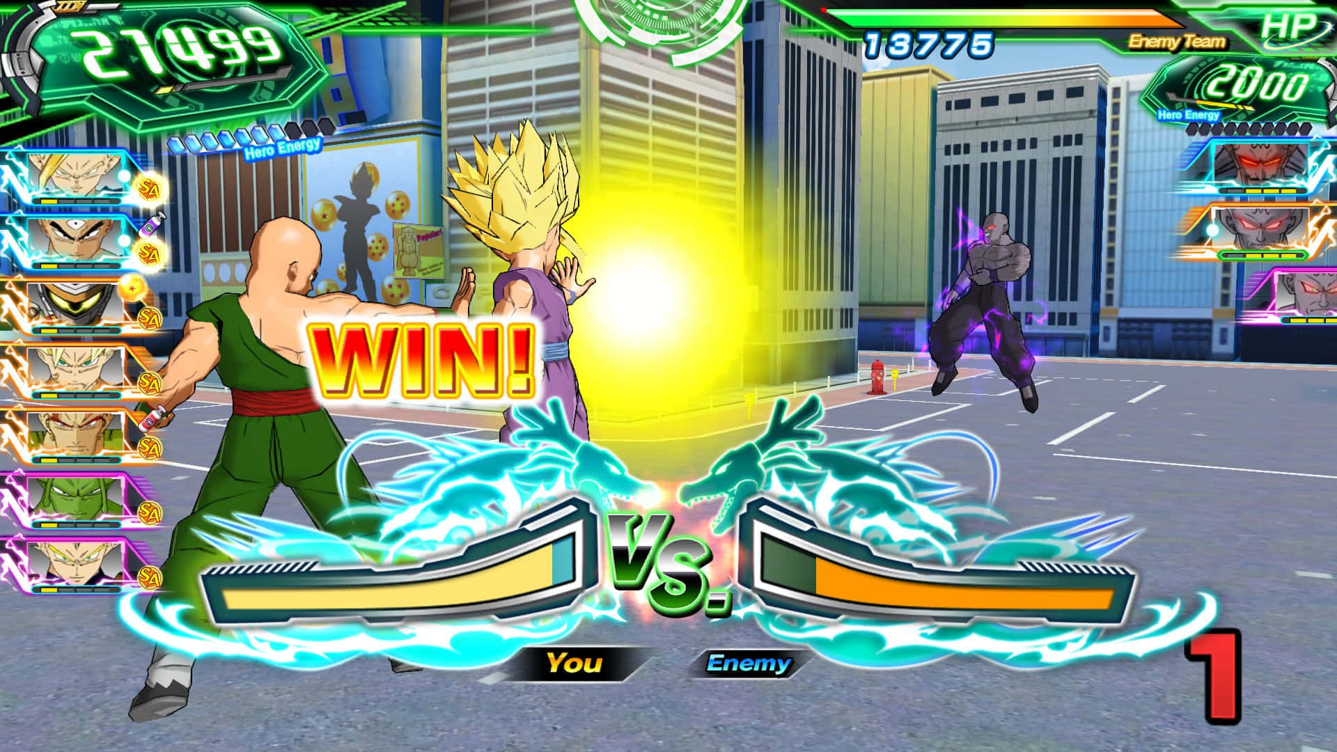 Dragon Ball Super Games 桌布 壁紙 — 一位勝利的七龍珠戰士在未來城市街道戰鬥競技場中釋放出發光的能量爆炸。