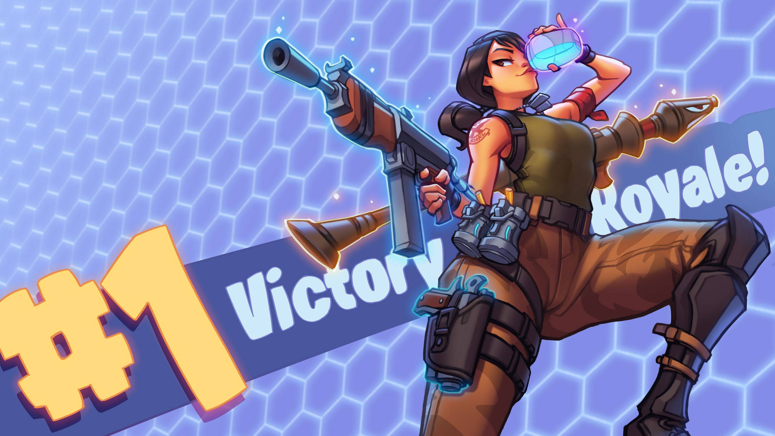 Fortnite 桌布 壁紙 — 一位勝利的女性遊戲玩家身穿戰鬥裝備，在六邊形藍色背景前用發光的飲料慶祝勝利。