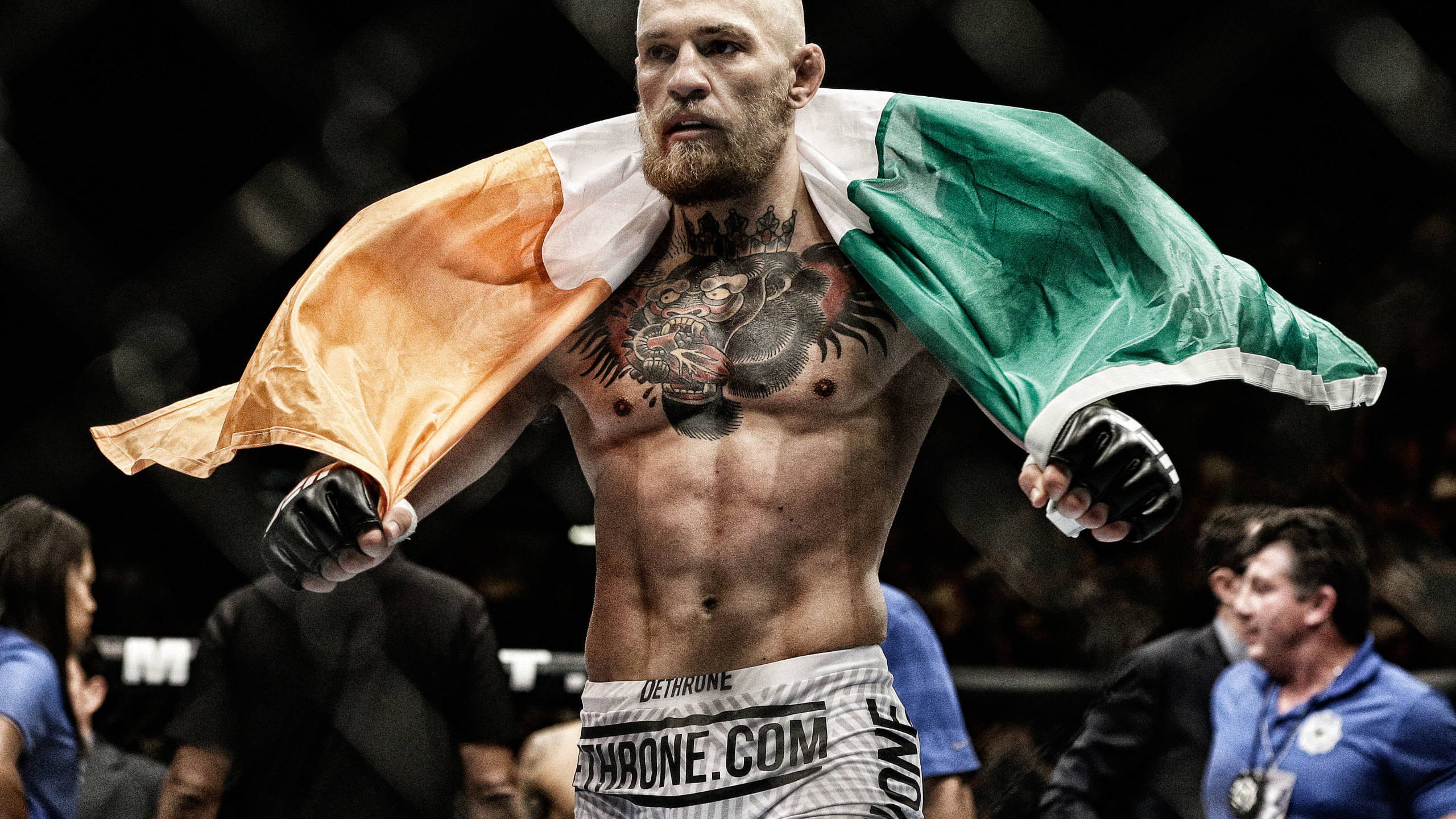 Mcgregor 桌布 壁紙 — 一位勝利的戰士披著愛爾蘭國旗，在八角籠中帶著兇猛的表情和可見的刺青凱旋而立。