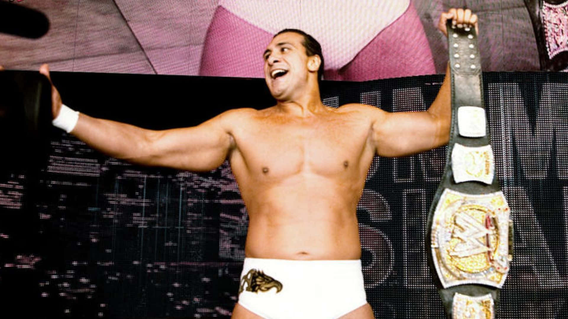 WWE 桌布 壁紙 — 一位勝利的摔角手在明亮的場館燈光下，張開雙臂高舉冠軍腰帶慶祝勝利。
