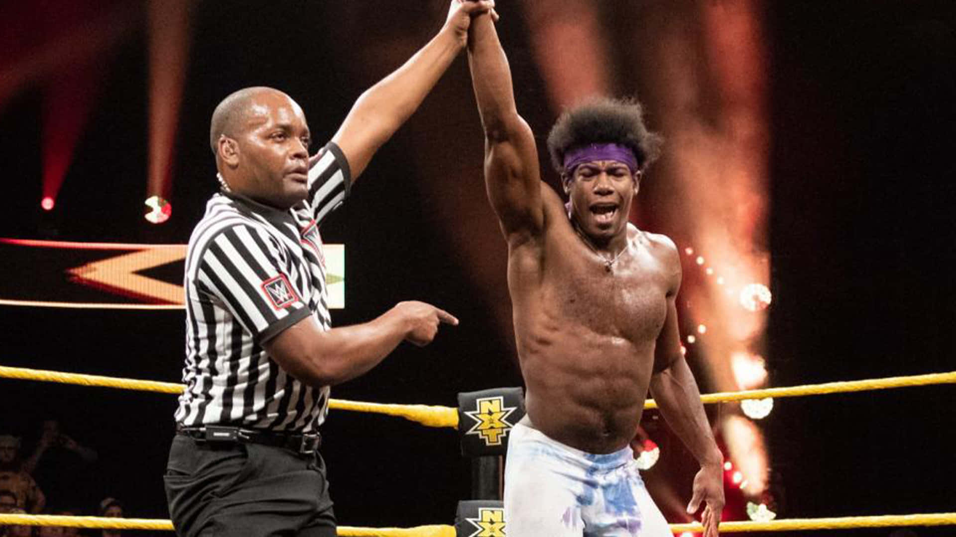 WWE 桌布 壁紙 — 一位勝利的摔角手在明亮的舞台燈光下，在擂台上慶祝勝利，裁判舉起他的手臂。