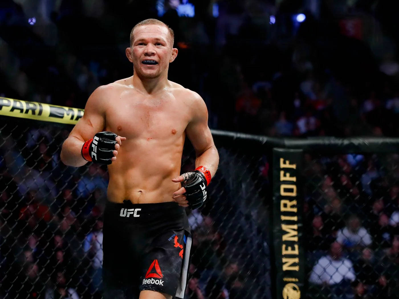 Petr Yan 桌布 壁紙 — 一位勝利的混合武術家在UFC八角籠內露出勝利的笑容，圍欄後面有歡呼的人群。