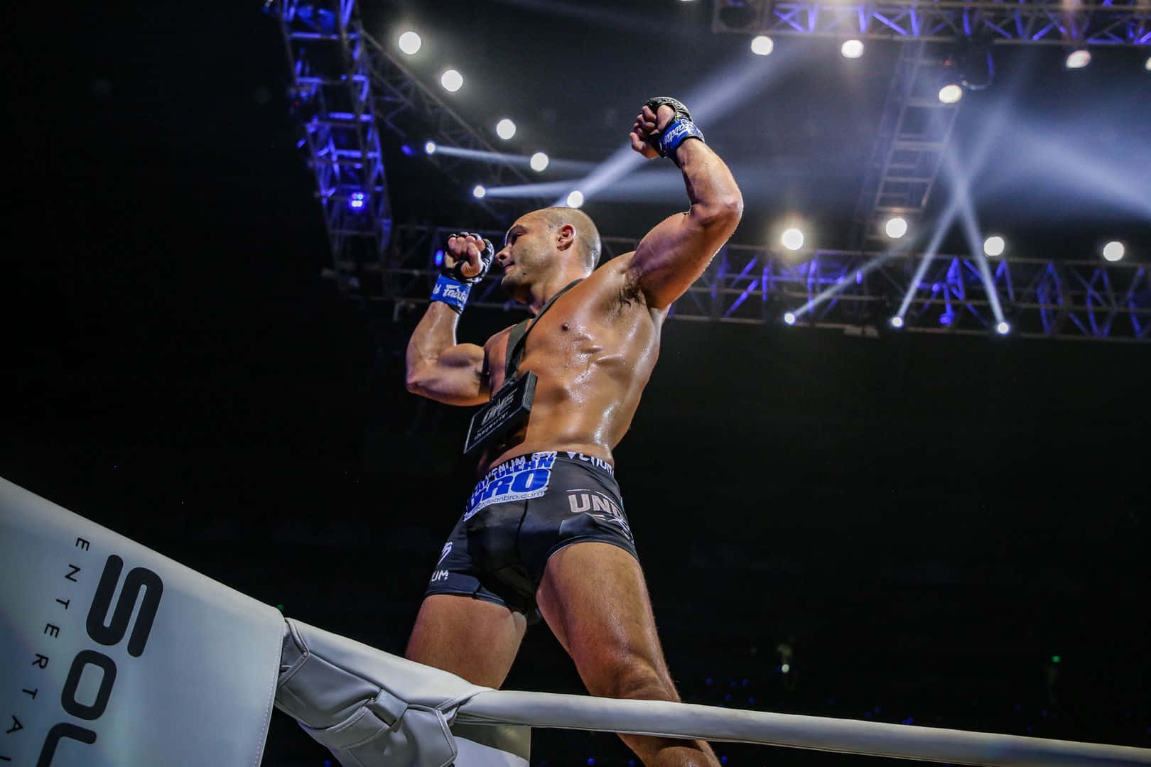 UFC 桌布 壁紙 — 一位勝利的混合武術家在場館聚光燈下，於明亮照明的八角籠內高舉拳頭慶祝勝利。