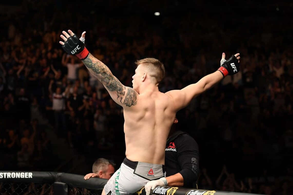 Victory 桌布 壁紙 — 一位勝利的混合武術家在明亮的場館燈光下，於UFC八角籠中高舉雙臂慶祝。