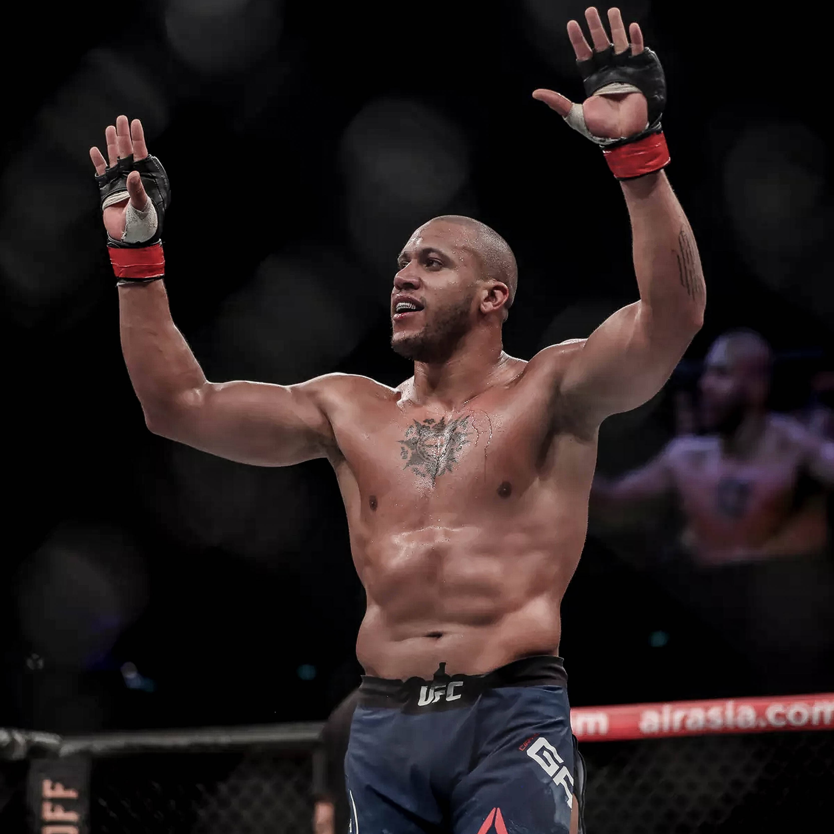 hands up 桌布 壁紙 — 一位勝利的混合武術家在昏暗的UFC八角籠內高舉雙臂慶祝勝利，身後是模糊的人群。