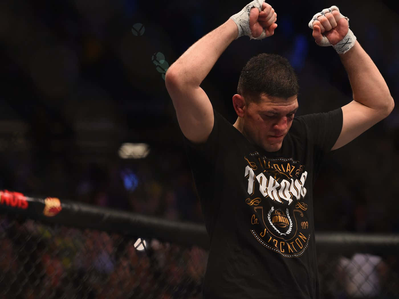 UFC 桌布 壁紙 — 一位勝利的混合武術家在昏暗的八角籠內高舉拳頭慶祝勝利，背景是模糊的人群。