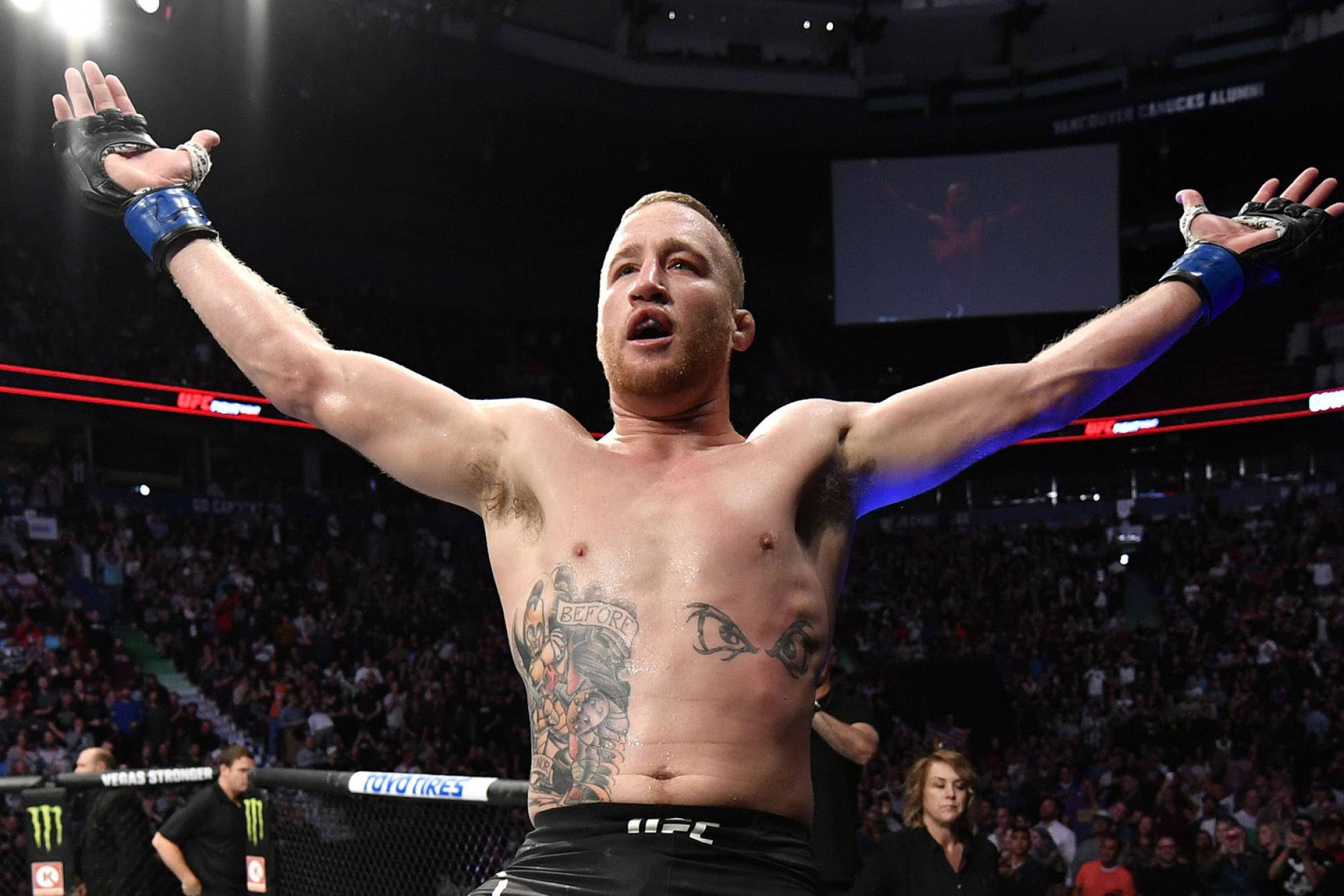 hands up 桌布 壁紙 — 一位勝利的混合武術家在燈光明亮的UFC八角籠內高舉雙臂慶祝勝利，背後是咆哮的人群。