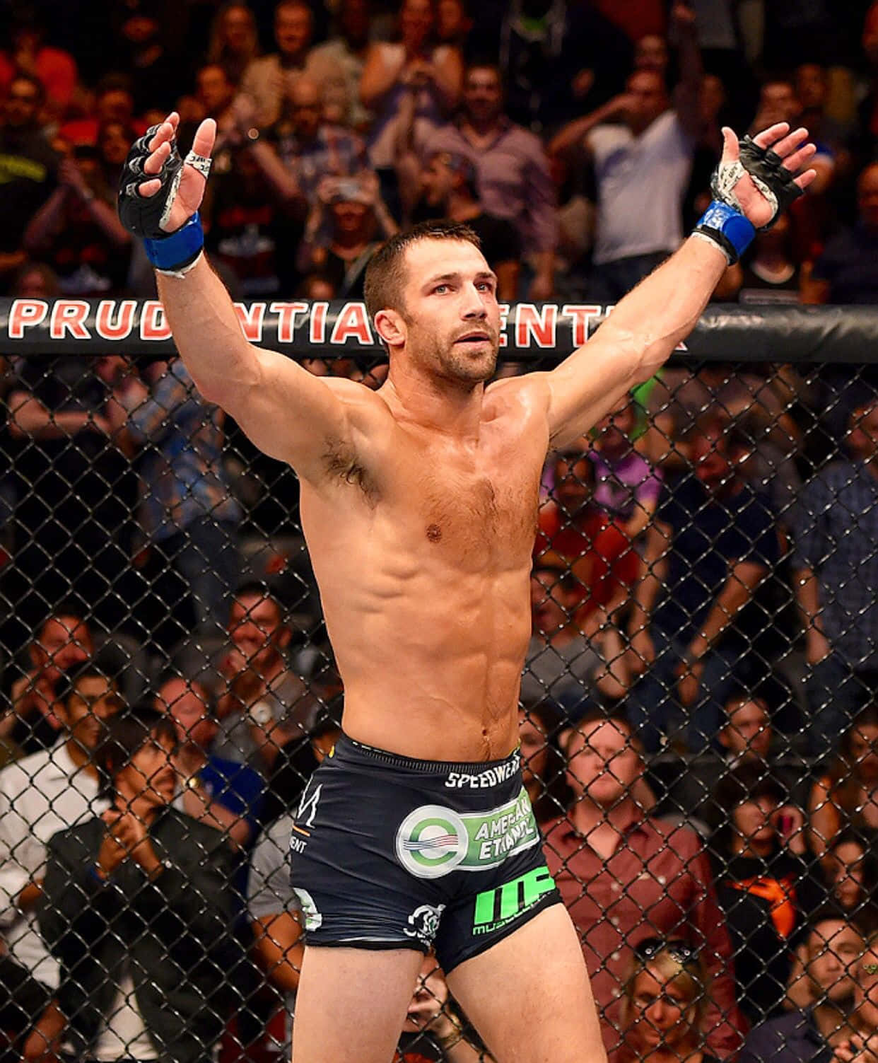 UFC 桌布 壁紙 — 一位勝利的混合武術家在籠內高舉雙臂慶祝勝利，背後有歡呼的人群。