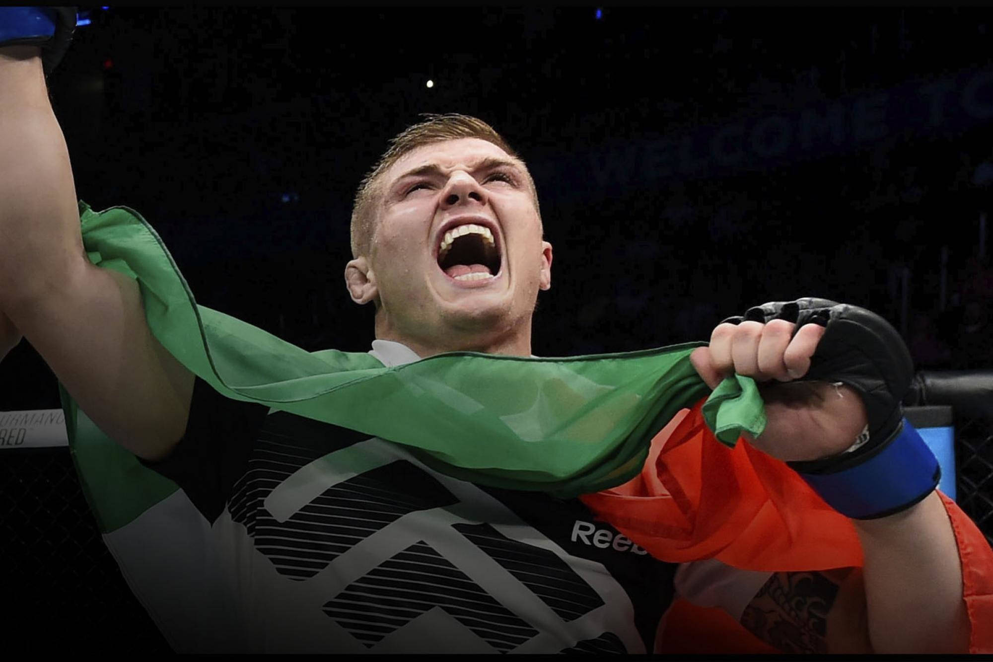 UFC 桌布 壁紙 — 一位勝利的混合武術家披著愛爾蘭國旗，在昏暗的八角籠內發出勝利的咆哮。