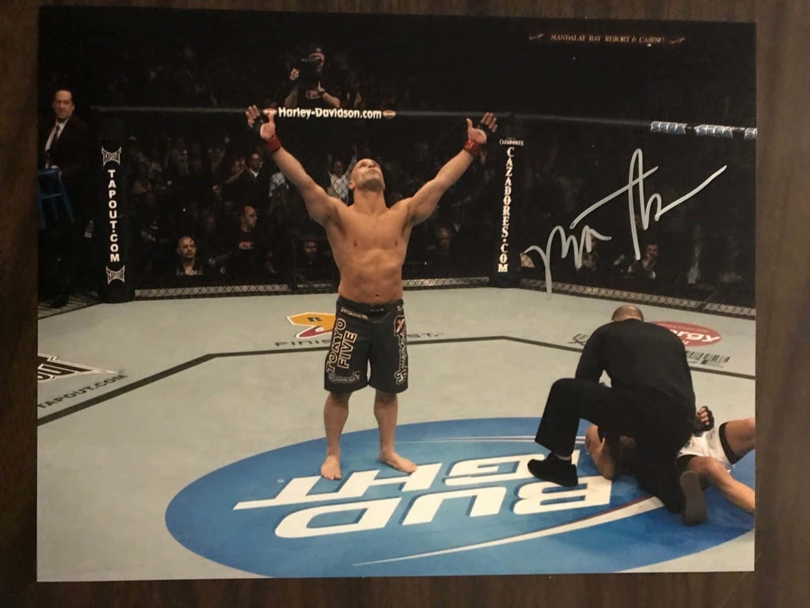 Victory 桌布 壁紙 — 一位勝利的混合武術選手在UFC八角籠內高舉雙臂慶祝勝利，裁判正在照料他的對手。