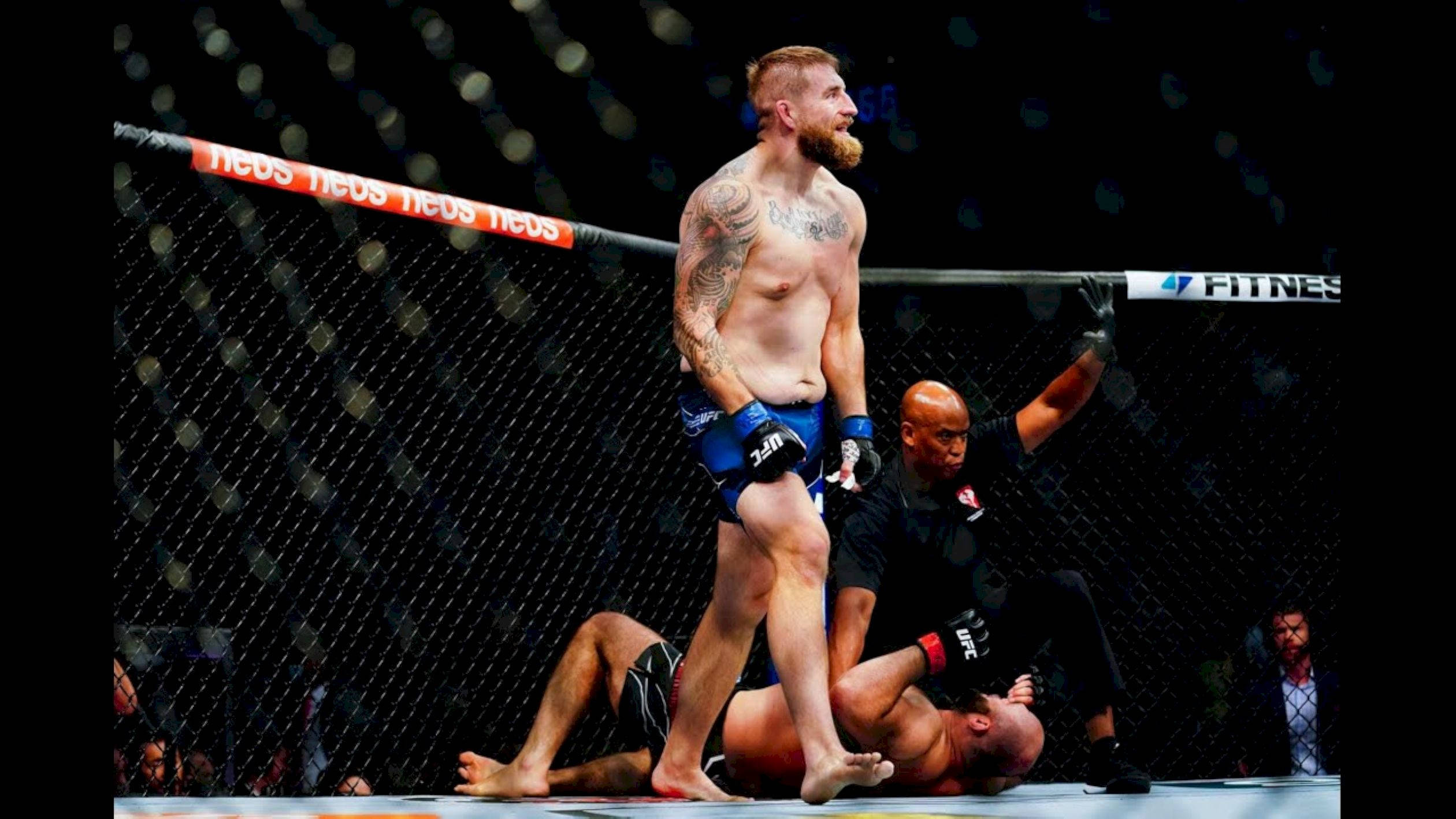 UFC 桌布 壁紙 — 一位勝利的混合武術選手在八角籠中凱旋而立，裁判在他擊敗對手後舉起他的手。