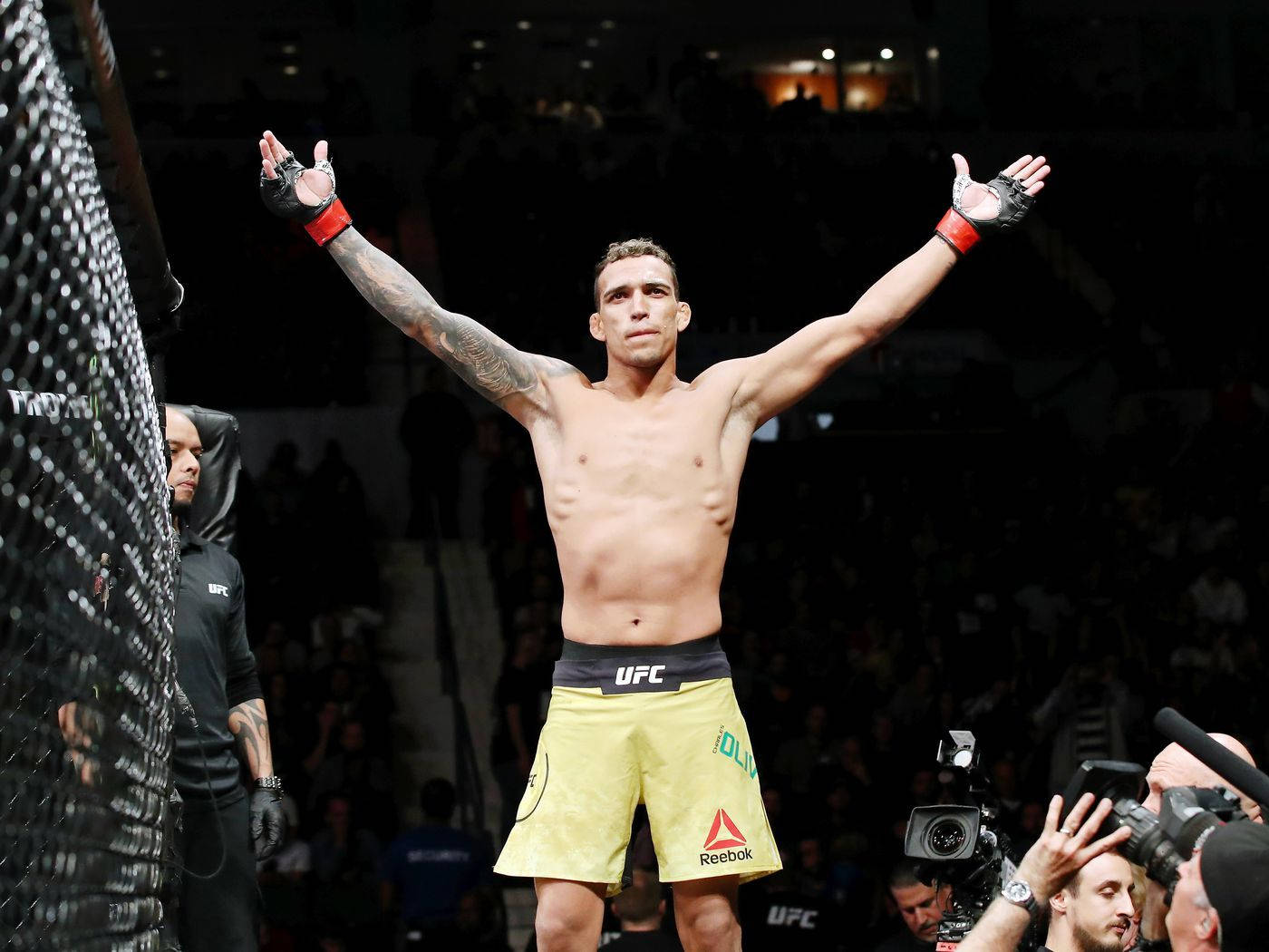MMA 桌布 壁紙 — 一位勝利的混合武術選手在明亮的場館燈光下，於UFC八角籠內高舉雙臂慶祝勝利。