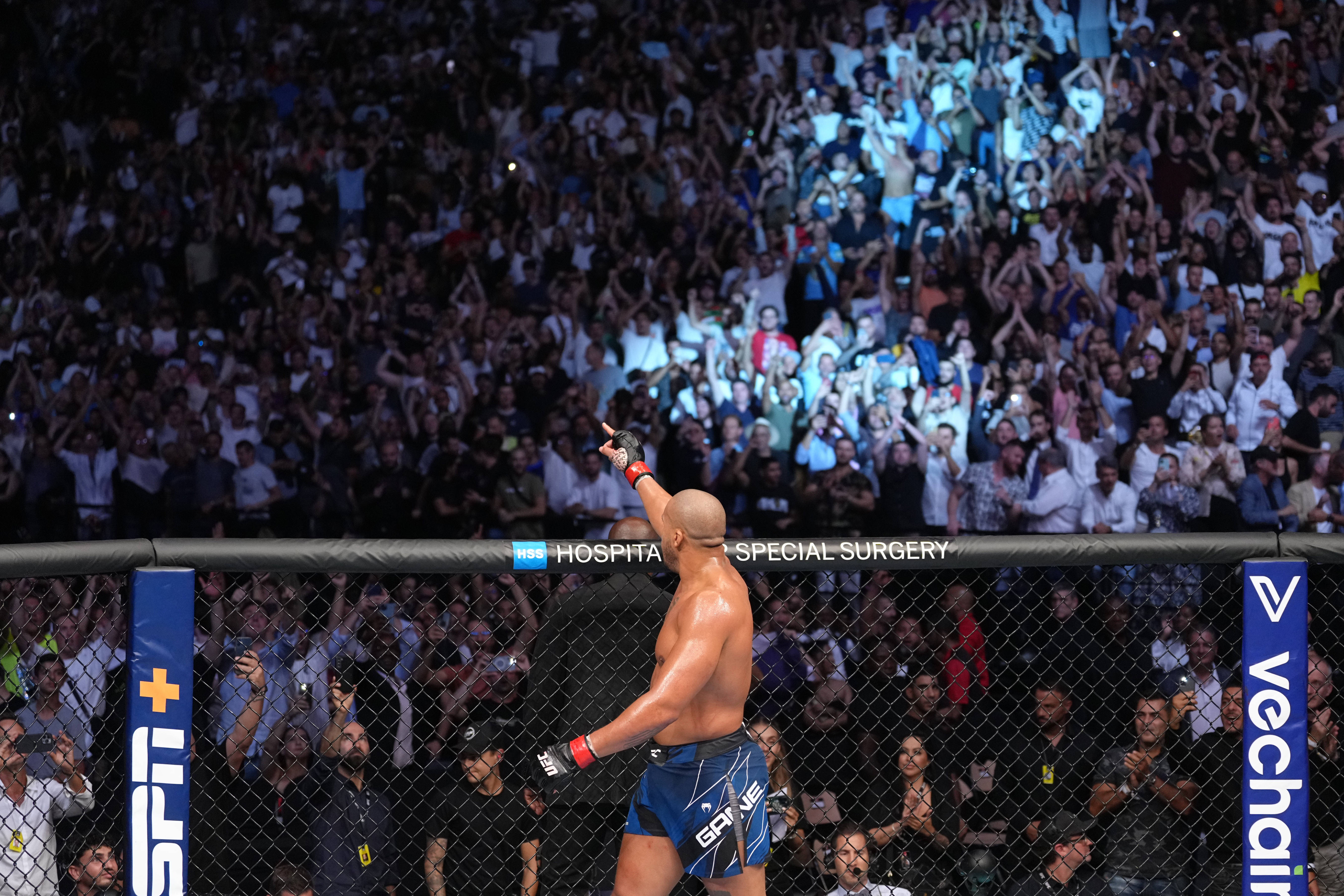 MMA 桌布 壁紙 — 一位勝利的混合武術選手在明亮的場館燈光下，於擠滿觀眾的八角籠內高舉手臂慶祝勝利。