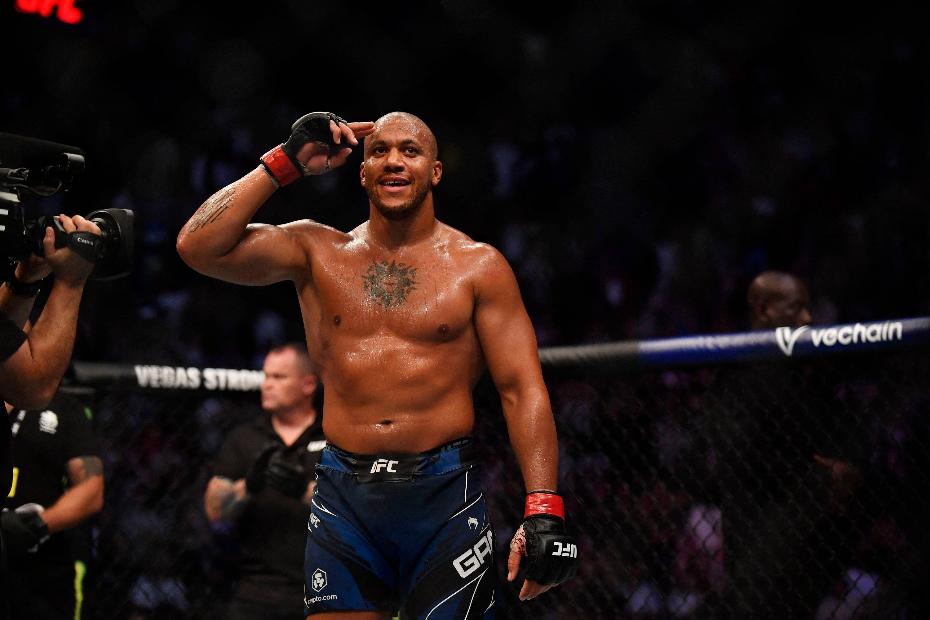 MMA 桌布 壁紙 — 一位勝利的混合武術選手在燈光明亮的八角籠內向人群致敬，背景是模糊的觀眾。