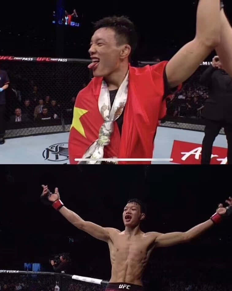 MMA 桌布 壁紙 — 一位勝利的綜合格鬥家在八角籠中慶祝，肩上披著紅色中國國旗，脖子上掛著銀牌。
