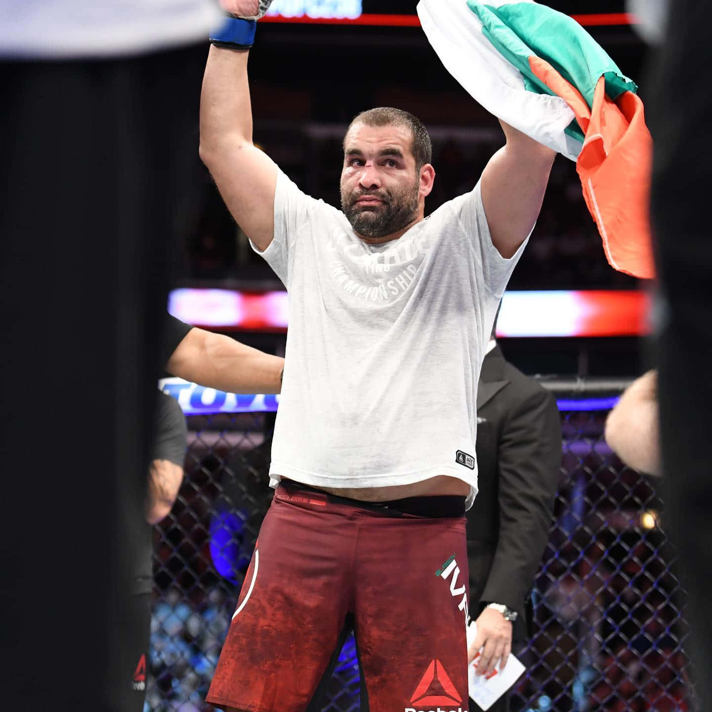 MMA 桌布 壁紙 — 一位勝利的綜合格鬥選手在燈光明亮的八角籠內，比賽後高舉雙臂和一面旗幟。