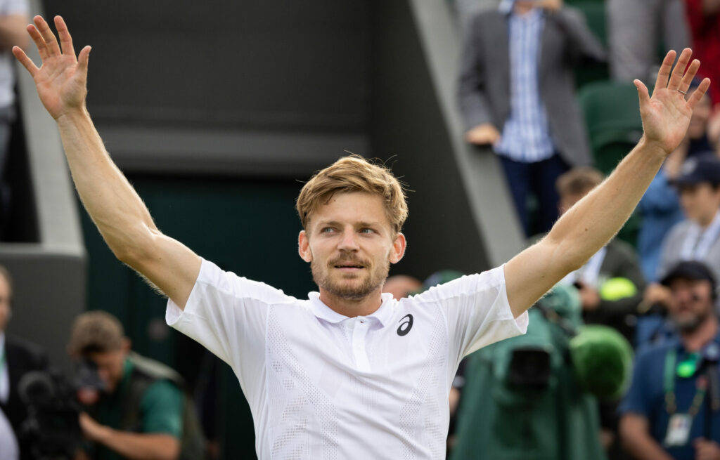 Tennis 桌布 壁紙 — 一位勝利的網球選手在草地上高舉雙臂慶祝勝利，周圍是粉絲和攝影機。