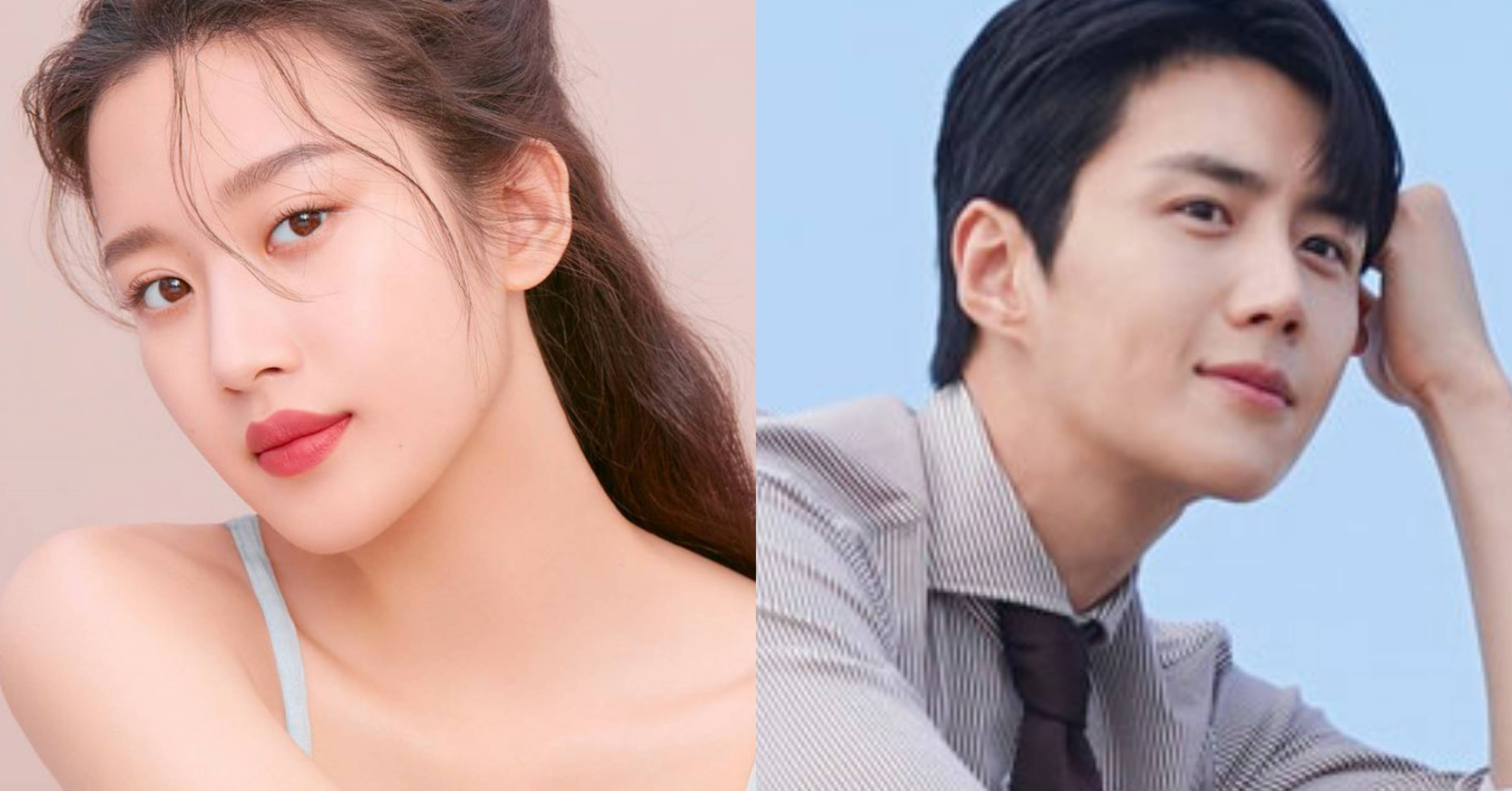 Kim Seon Ho 桌布 壁紙 — 一位化淡妝的女性和一位穿條紋襯衫的男性在柔和背景下的分割肖像。