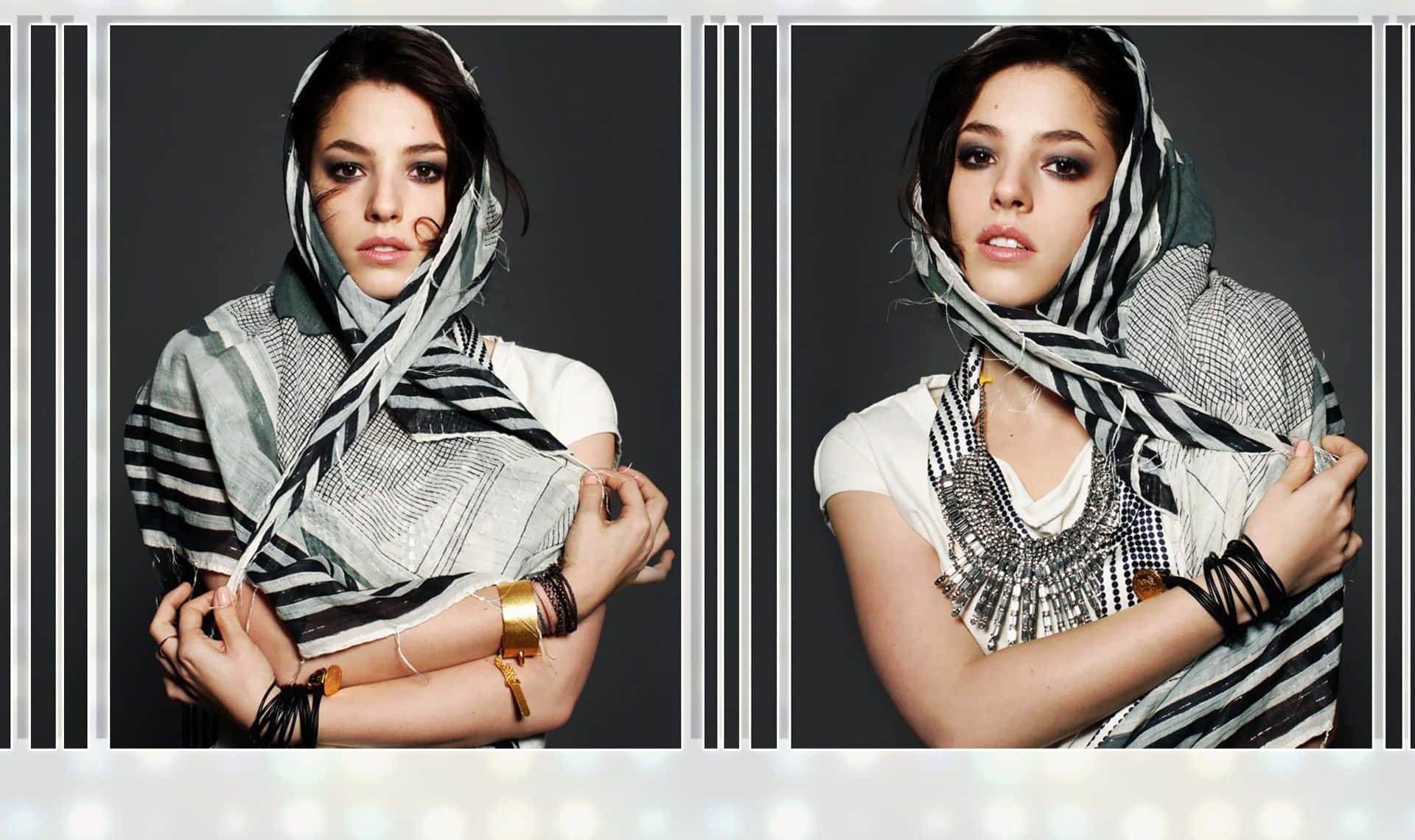 Olivia Thirlby 桌布 壁紙 — 一位化著大膽妝容的女性，在帶有垂直光條的深色攝影棚背景下，戴著條紋圍巾和層疊首飾。