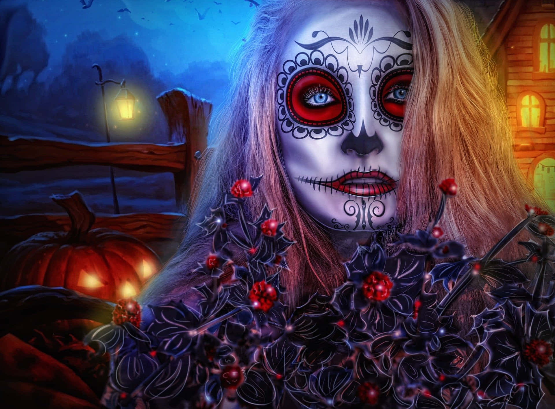 Spooky Halloween 桌布 壁紙 — 一位化著糖骷髏妝、眼睛發光的女性，站在冬青漿果和南瓜之間，背景是月光照耀的夜空。