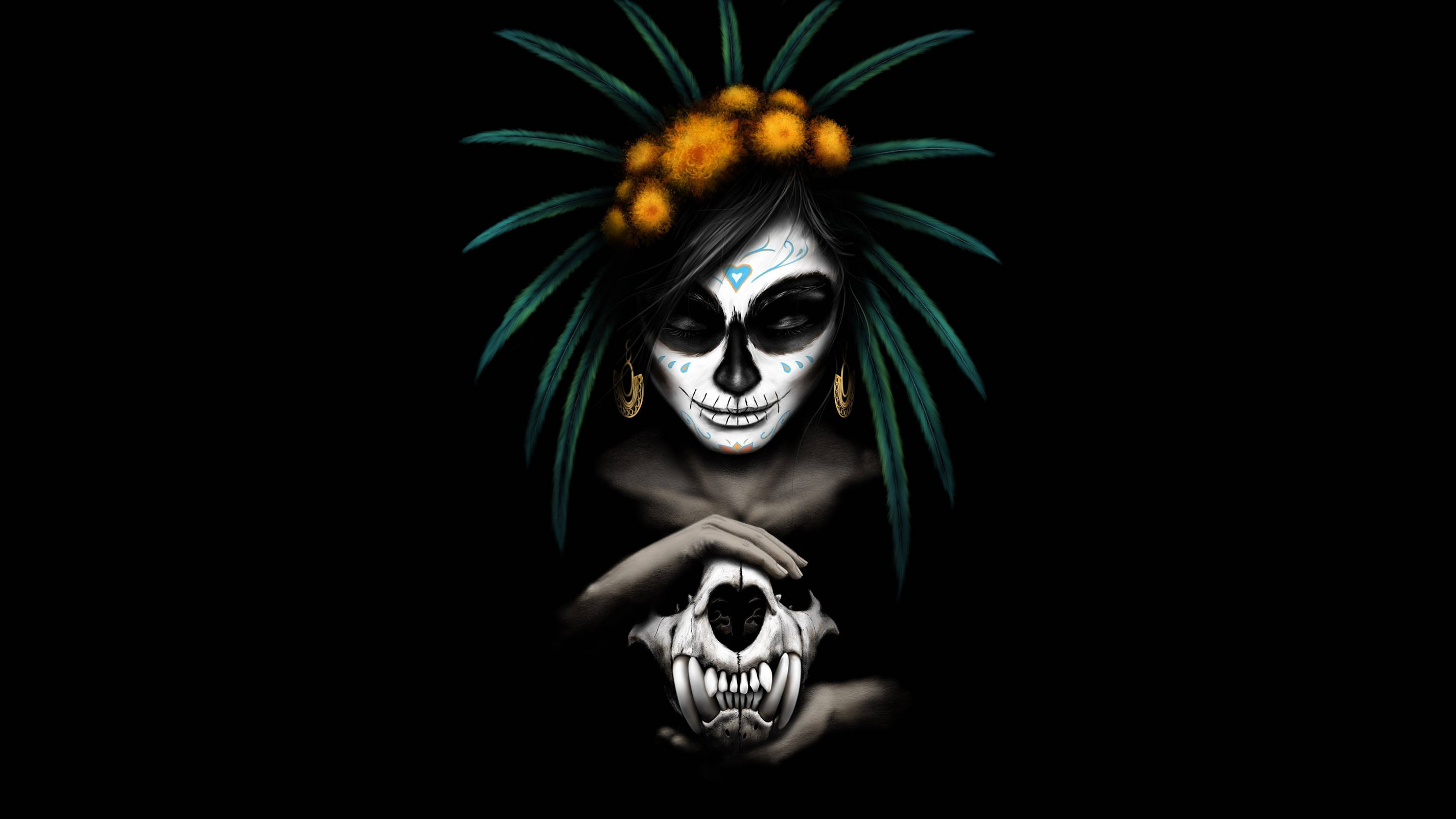 Colorful Skull 桌布 壁紙 — 一位化著糖骷髏妝容、戴著花冠的女性，在黑色背景前手持一個頭骨。