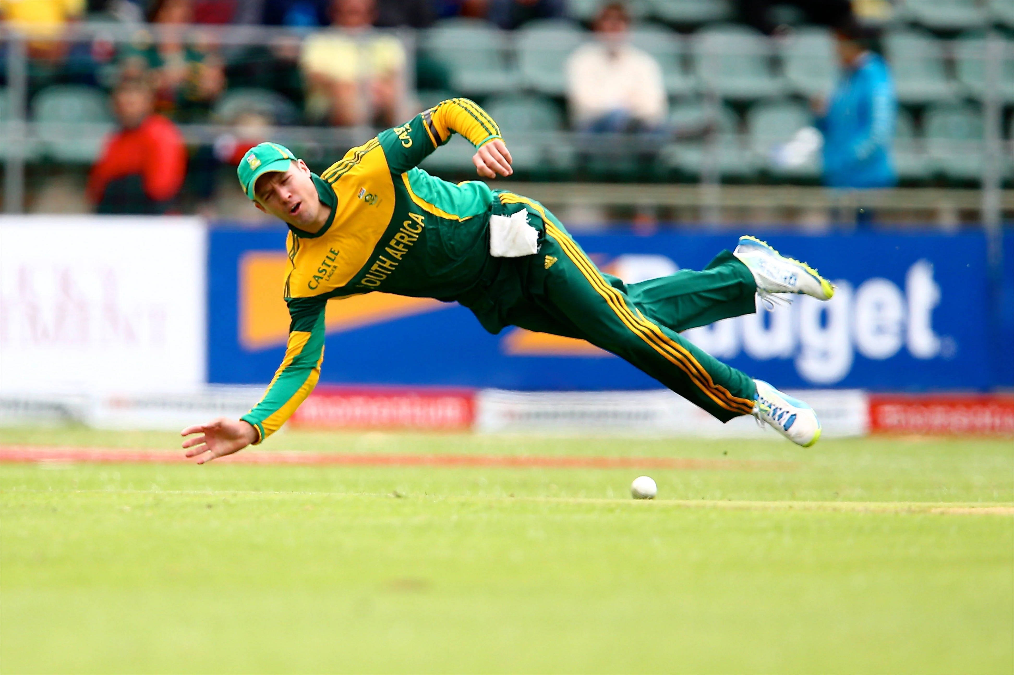 south africa cricket 桌布 壁紙 — 一位南非板球運動員在日間比賽中，在綠色場地上全力飛撲以阻止球。