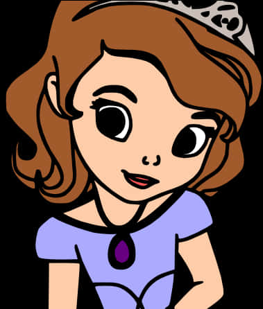 Sofia The First 桌布 壁紙 — 一位卡通公主，棕色頭髮，戴著頭飾，穿著紫色連衣裙，在黑色背景前微笑。