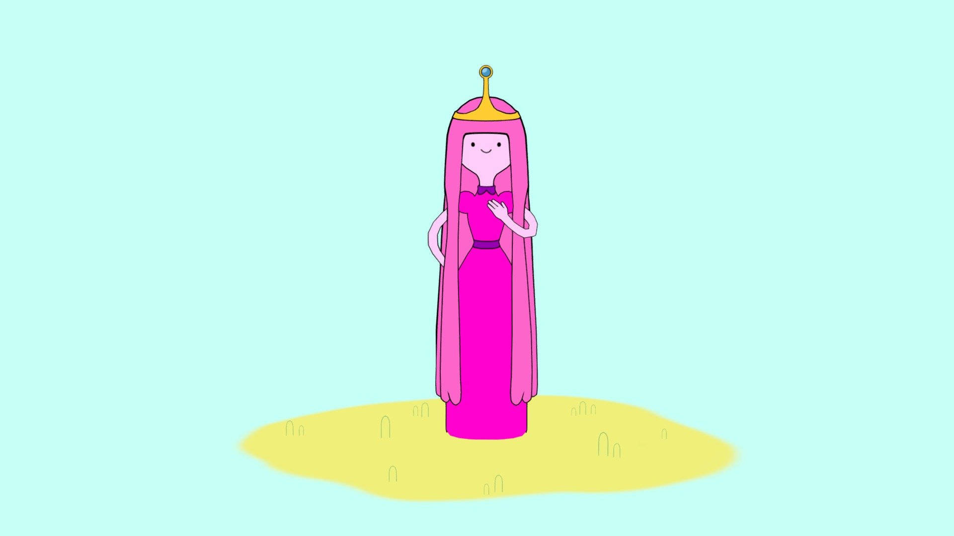 Princess 桌布 壁紙 — 一位卡通公主，粉紅色頭髮，戴著皇冠，站在淺藍色背景上的黃色補丁上。