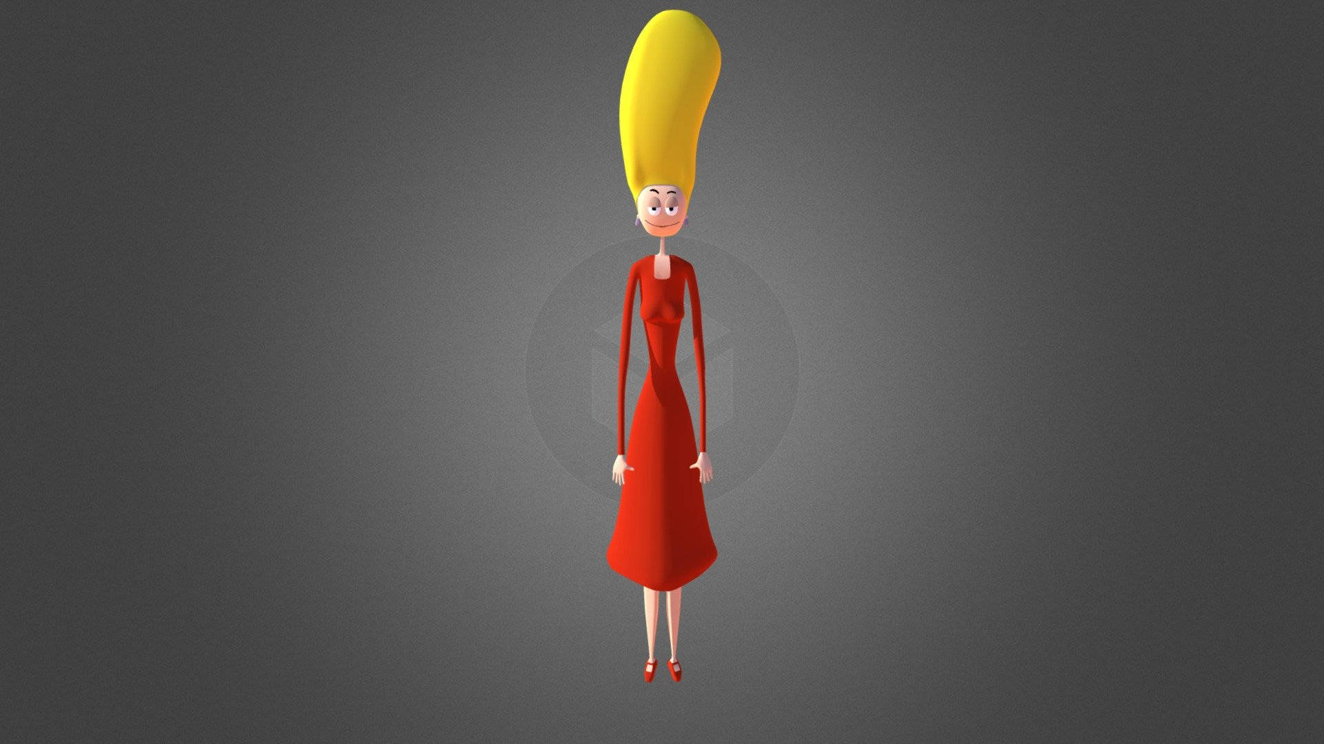 Animated 桌布 壁紙 — 一位卡通女性，擁有高高的黃色蜂窩頭和紅色連衣裙，站在灰色漸變背景前。