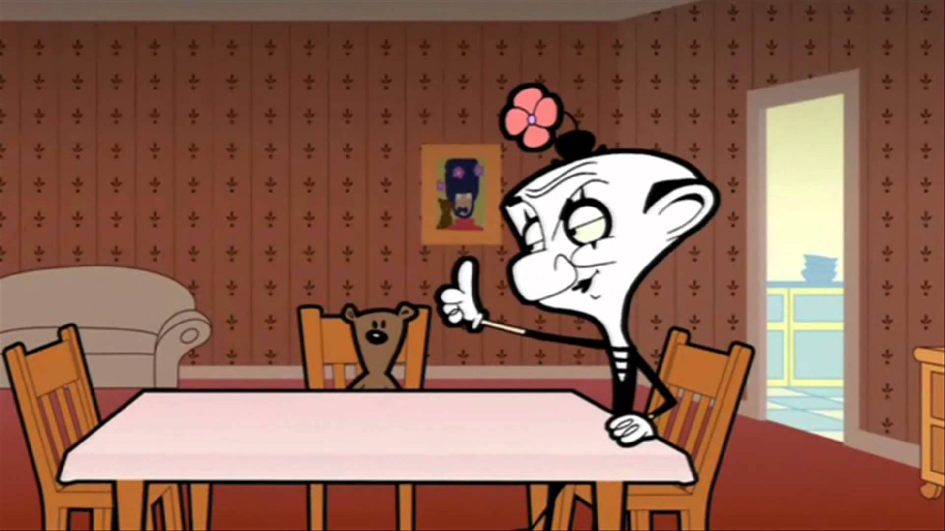 Funny Cartoon 桌布 壁紙 — 一位卡通女性，頭髮上插著一朵粉紅色的花，坐在餐桌旁與一隻泰迪熊一起豎起大拇指。