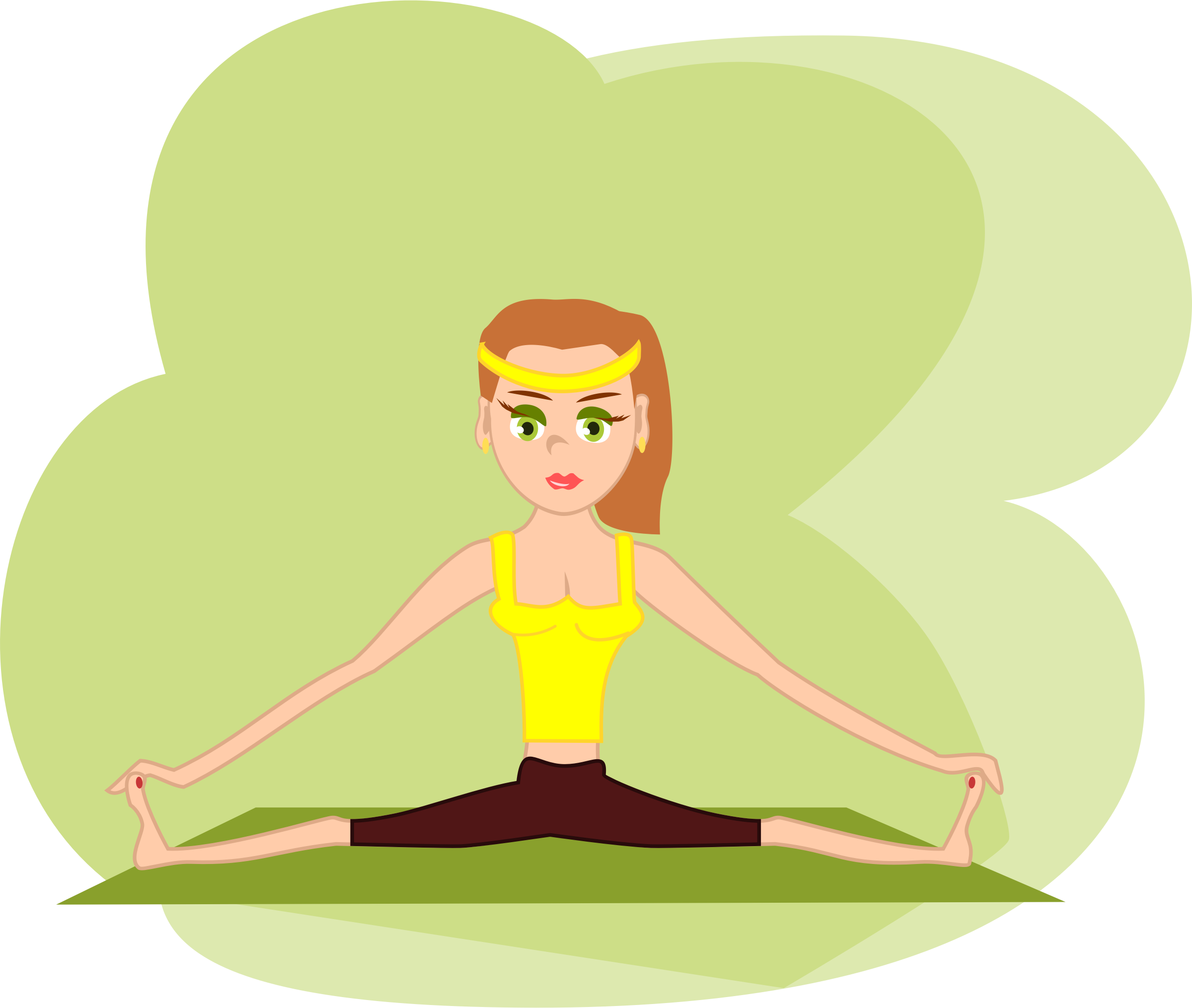 Fitness 桌布 壁紙 — 一位卡通女性穿著黃色上衣和棕色褲子，在綠色墊子上做一字馬，背景是柔和的綠色雲朵。
