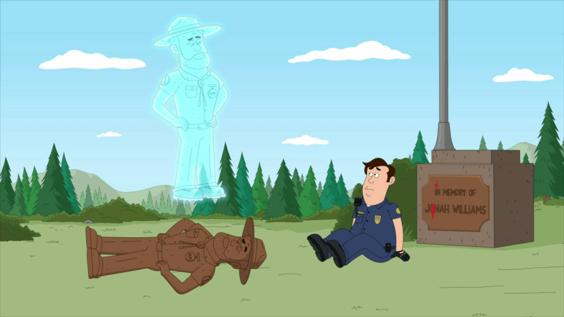 Animated 桌布 壁紙 — 一位卡通官員坐在紀念碑旁，而一個發光的鬼魂護林員懸浮在倒下的護林員雕像上方，背景是松樹林。
