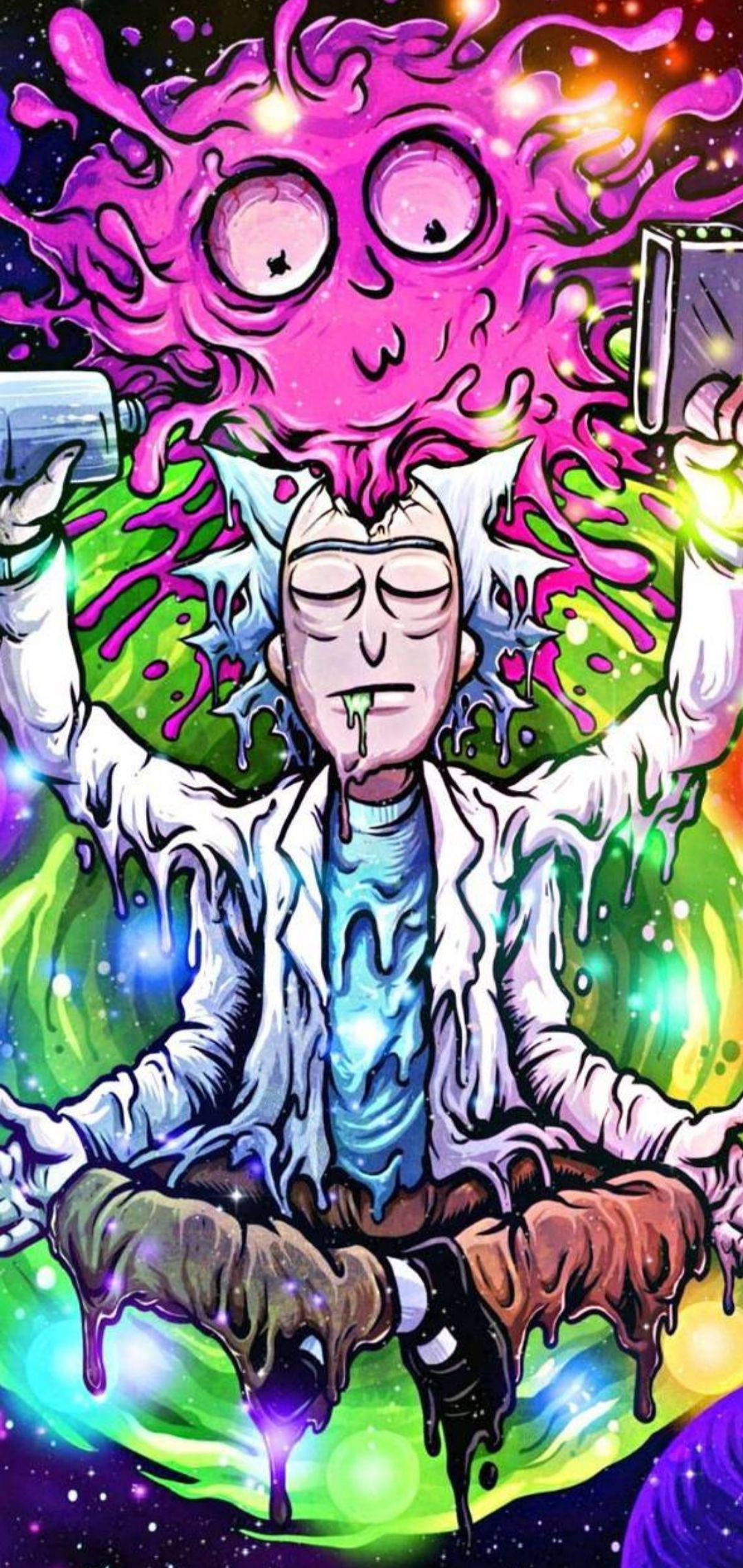 rick 桌布 壁紙 — 一位卡通科學家正在冥想，同時一個粉紅色的宇宙實體從他的頭上滴落，背景是充滿活力的星系。