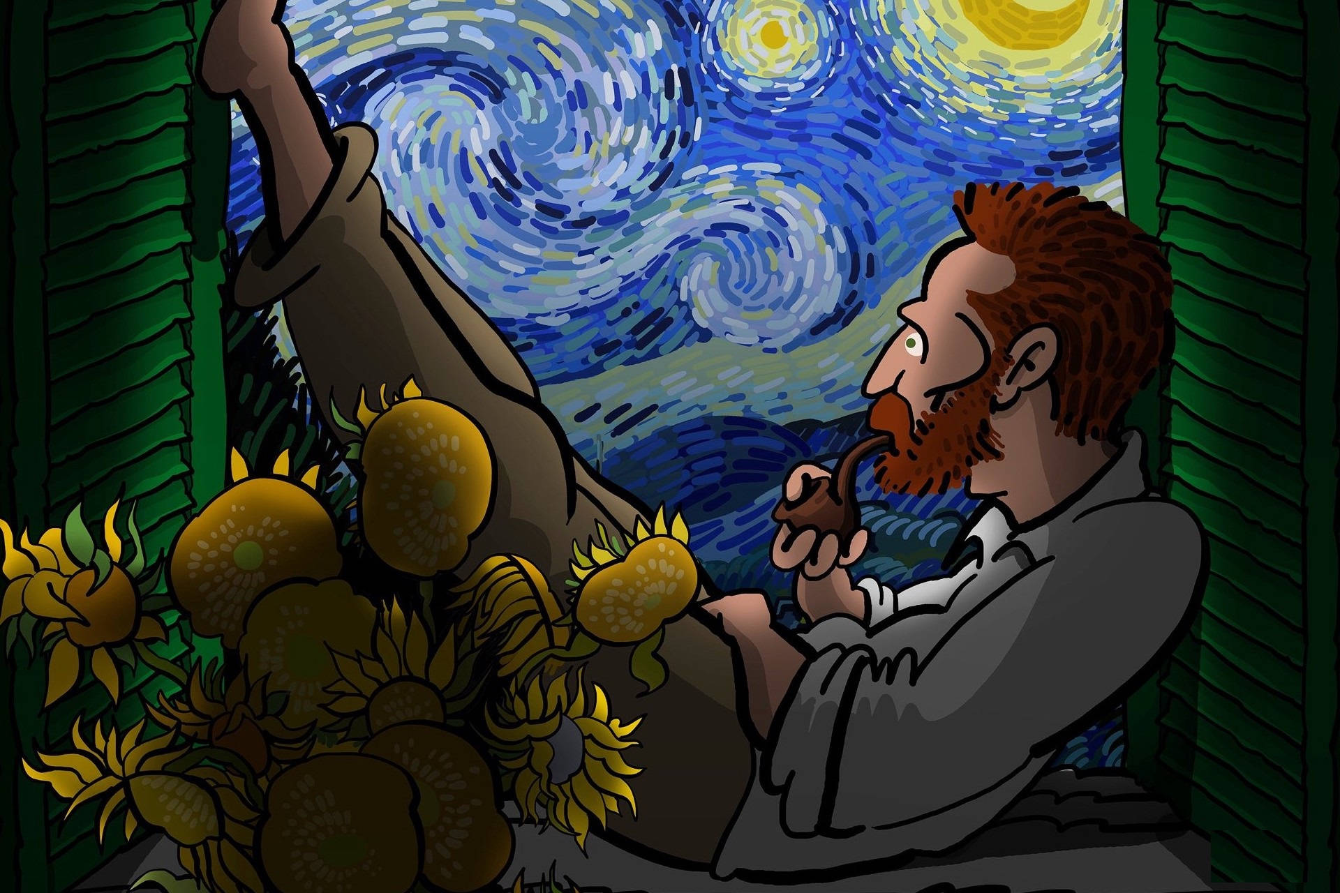 Vincent 桌布 壁紙 — 一位卡通藝術家拿著煙斗坐在綠色百葉窗旁，被向日葵包圍，凝視著旋轉的星空夜空。