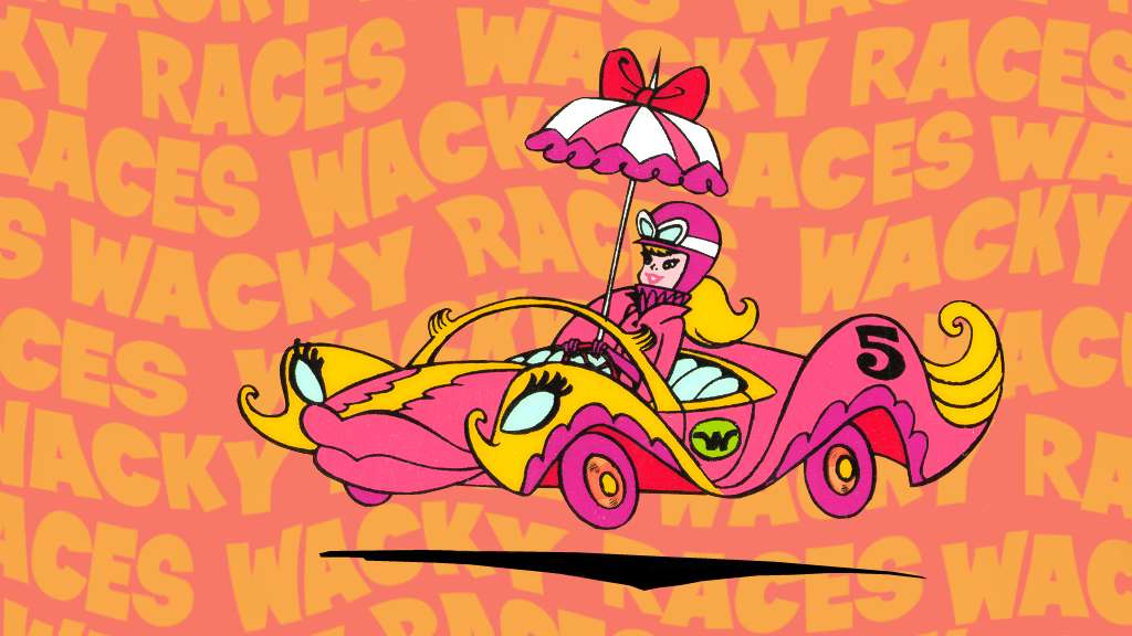 Cartoon Characters 桌布 壁紙 — 一位卡通賽車手駕駛著粉紅色和黃色的汽車，帶有遮陽傘，在重複的 wacky races 背景上行駛。