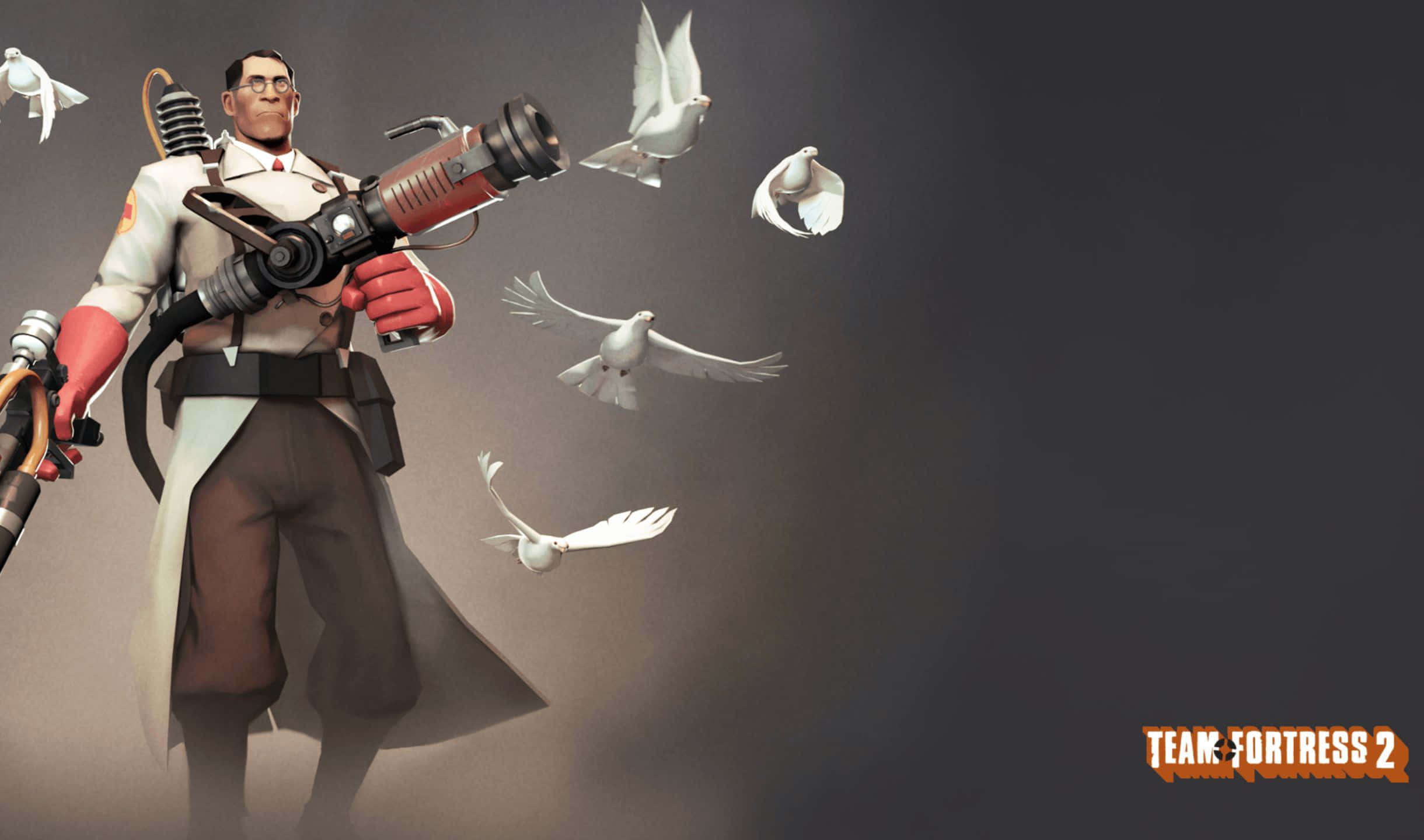 2440x1440 Tf2 桌布 壁紙 — 一位卡通風格的科學家身穿實驗室外套，在深灰色背景前揮舞著大型武器，白鴿在他周圍飛翔。