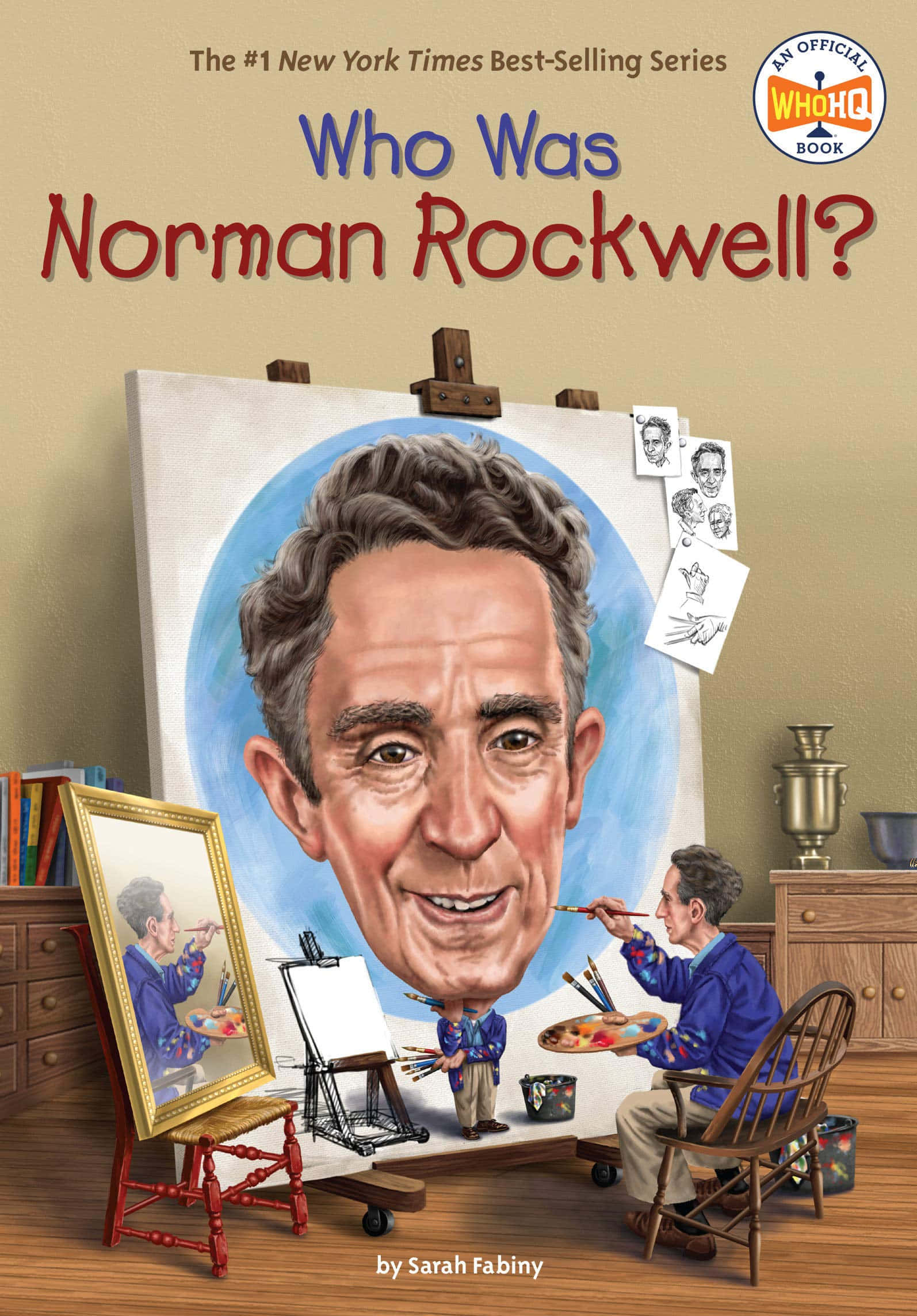Norman Rockwell 桌布 壁紙 — 一位卡通風格的藝術家在溫暖照明的畫室中，繪製諾曼·洛克威爾的巨大肖像，畫室內充滿了藝術用品和裱框的素描。