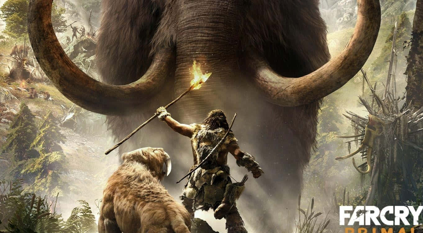 1366x768 Far Cry 5 桌布 壁紙 — 一位原始戰士手持火焰火炬，在霧氣瀰漫的史前森林中面對一頭巨大的長毛猛獁象。
