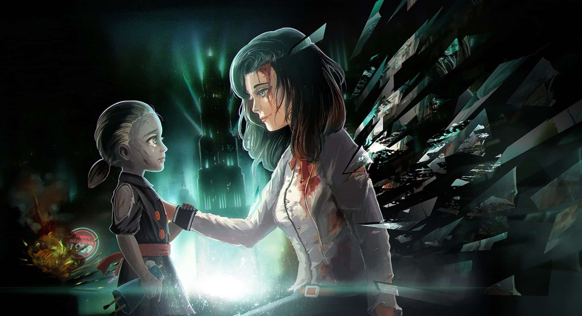 Best Bioshock Infinite 桌布 壁紙 — 一位受傷、擁有發光翅膀的女性，在黑暗城市背景下，握著一個孩子的手，周圍有火焰和發光元素。