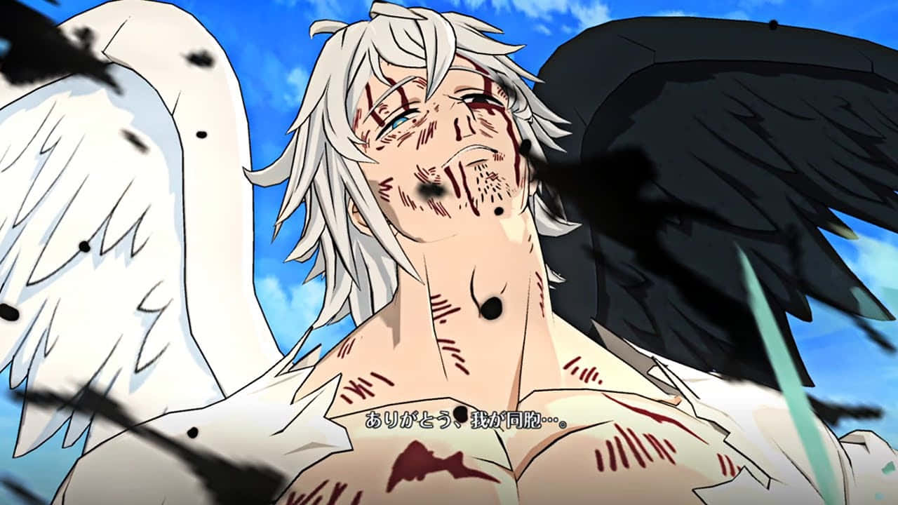 Seven Deadly Sins Mael 桌布 壁紙 — 一位受傷的動漫天使，擁有白色和黑色的翅膀，在藍天和日文字幕下微笑。