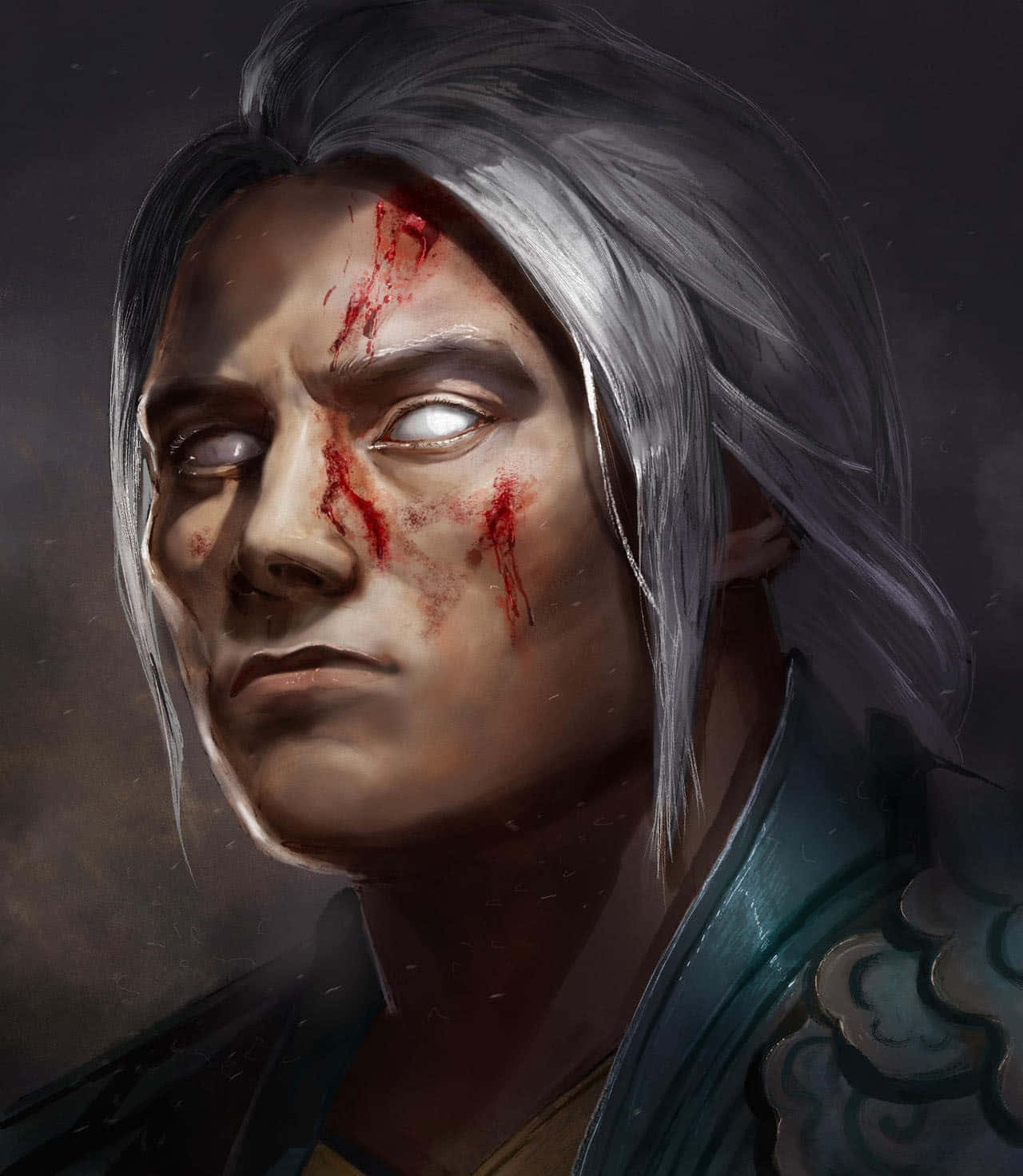 Mortal Kombat Fujin 桌布 壁紙 — 一位受傷的戰士，銀色頭髮，臉上帶有血痕，在黑暗背景下凝視著。