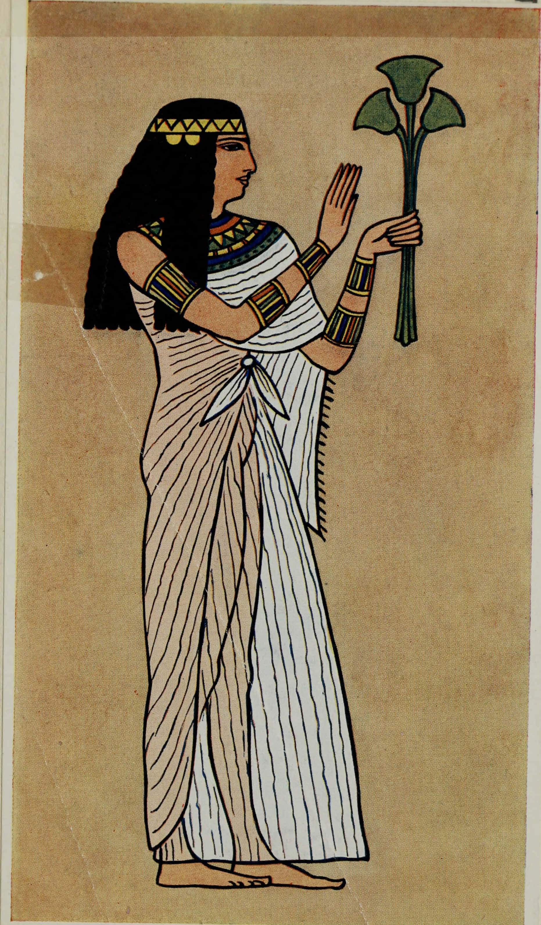 Ancient Egypt 桌布 壁紙 — 一位古埃及女子身穿條紋亞麻連衣裙，舉起手拿著紙莎草植物，背景為米色。