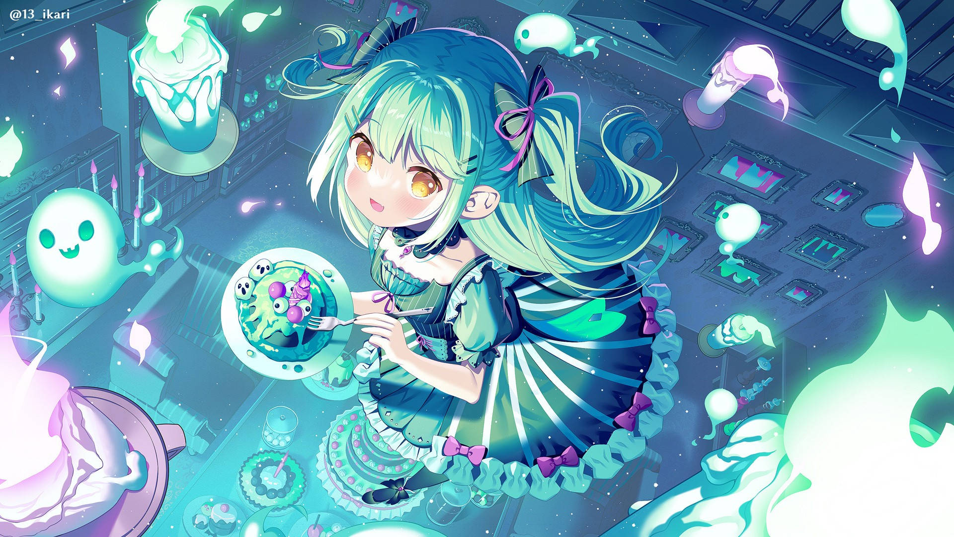 Green Anime Aesthetic 桌布 壁紙 — 一位可愛的動漫女孩，擁有藍綠色頭髮，在一個充滿漂浮靈魂的奇幻霓虹燈咖啡館裡提供發光的甜點。
