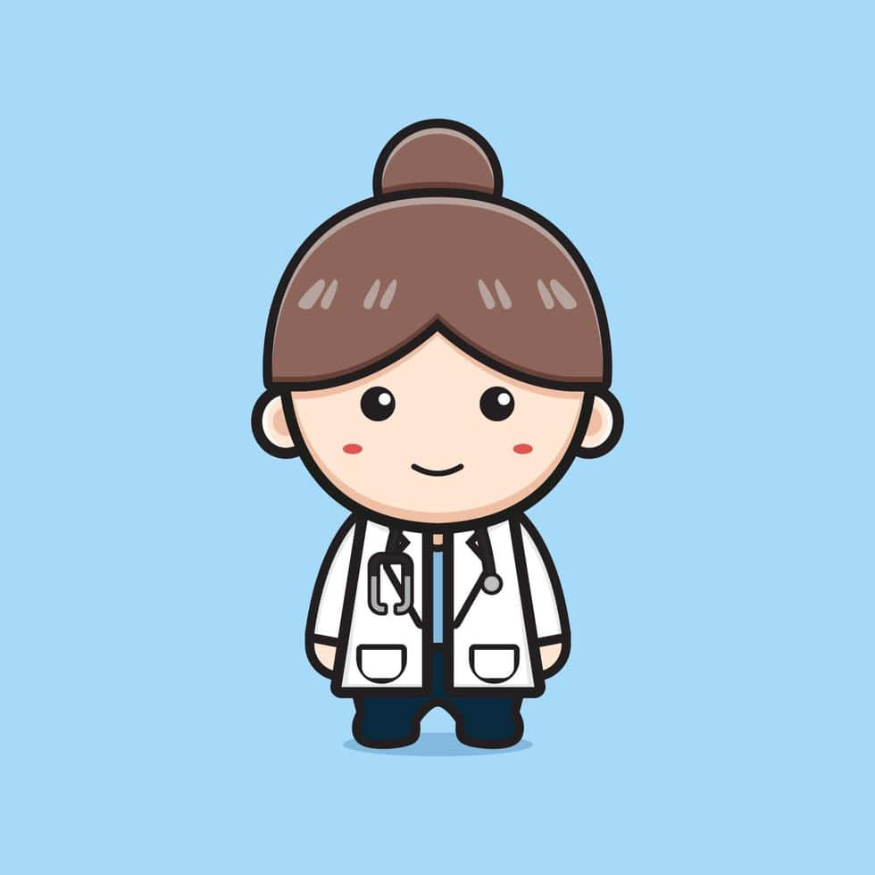 Cute Girl 桌布 壁紙 — 一位可愛的卡通女醫生，棕色頭髮盤成髮髻，穿著白大褂和聽診器，在淺藍色背景上微笑。